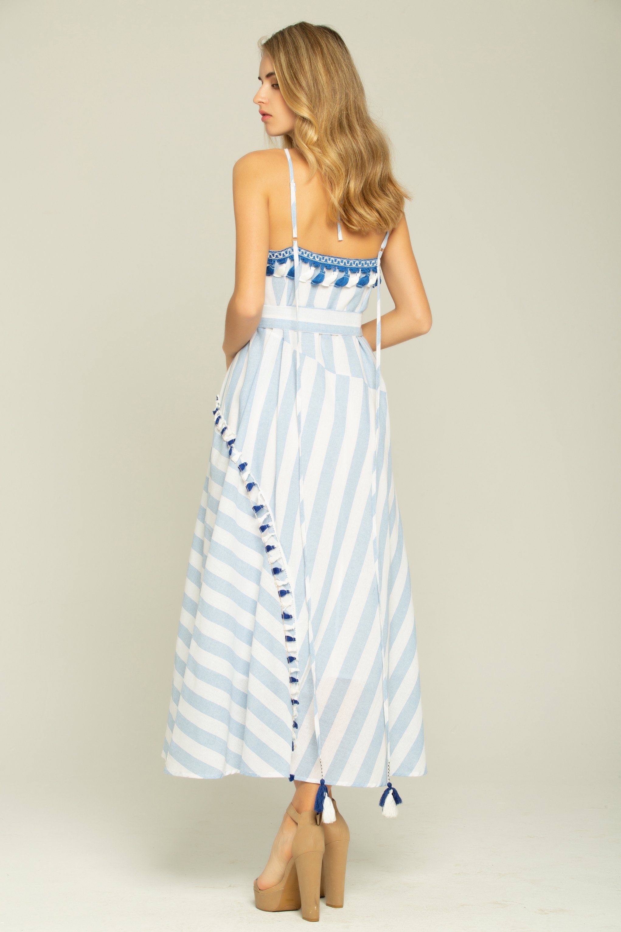 Blue and White Asymmetrical Stripes Maxi Dress - ownthelooks-Development Blue and White Asymmetrical Stripes Maxi Dress - ownthelooks-Development