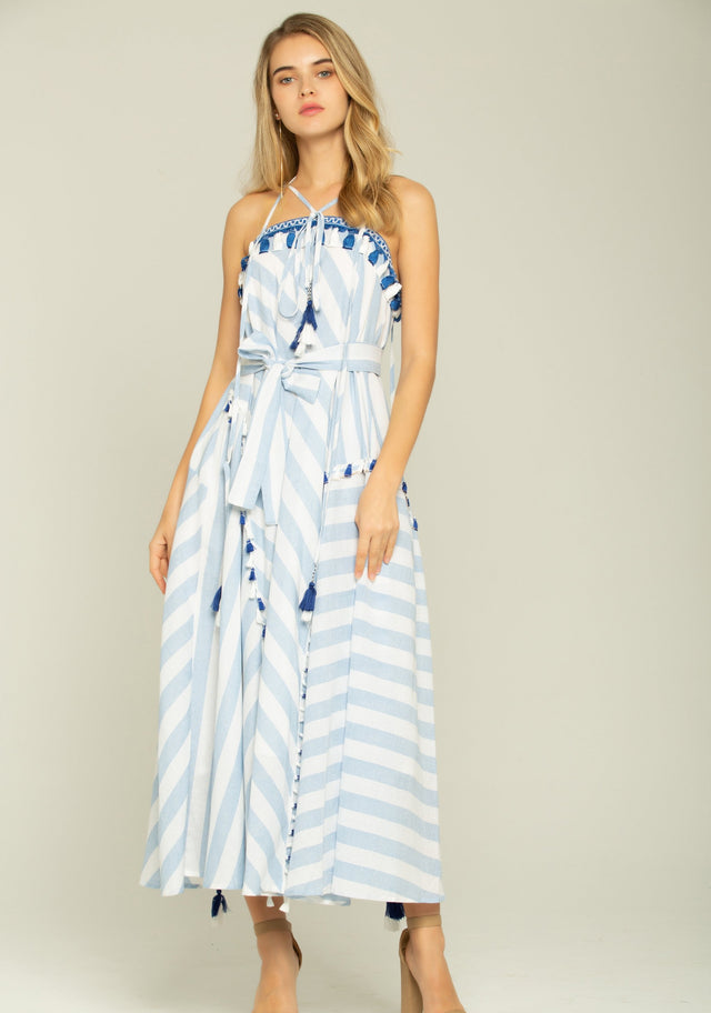Blue and White Asymmetrical Stripes Maxi Dress - ownthelooks-Development