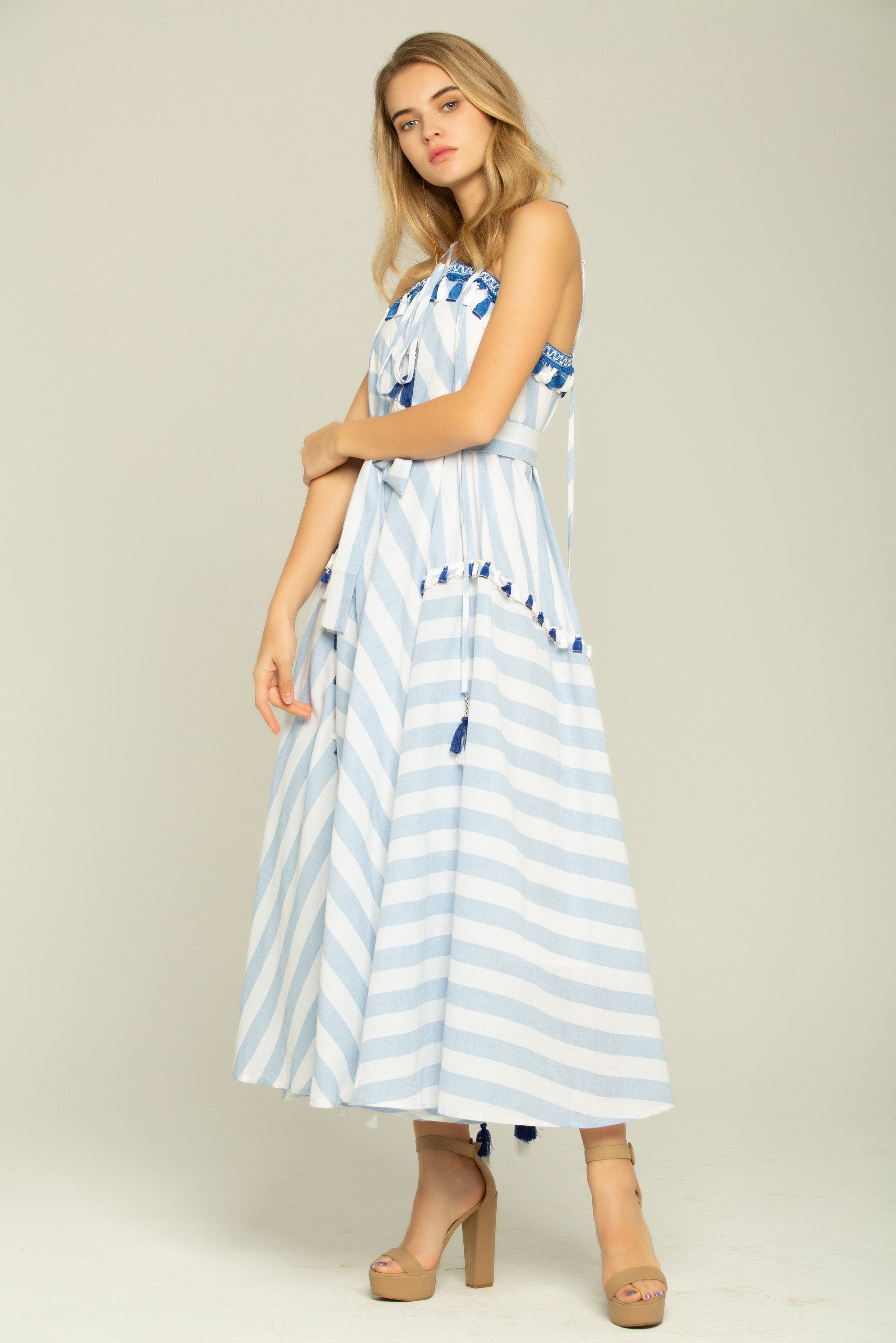 Blue and White Asymmetrical Stripes Maxi Dress - ownthelooks-Development Blue and White Asymmetrical Stripes Maxi Dress - ownthelooks-Development