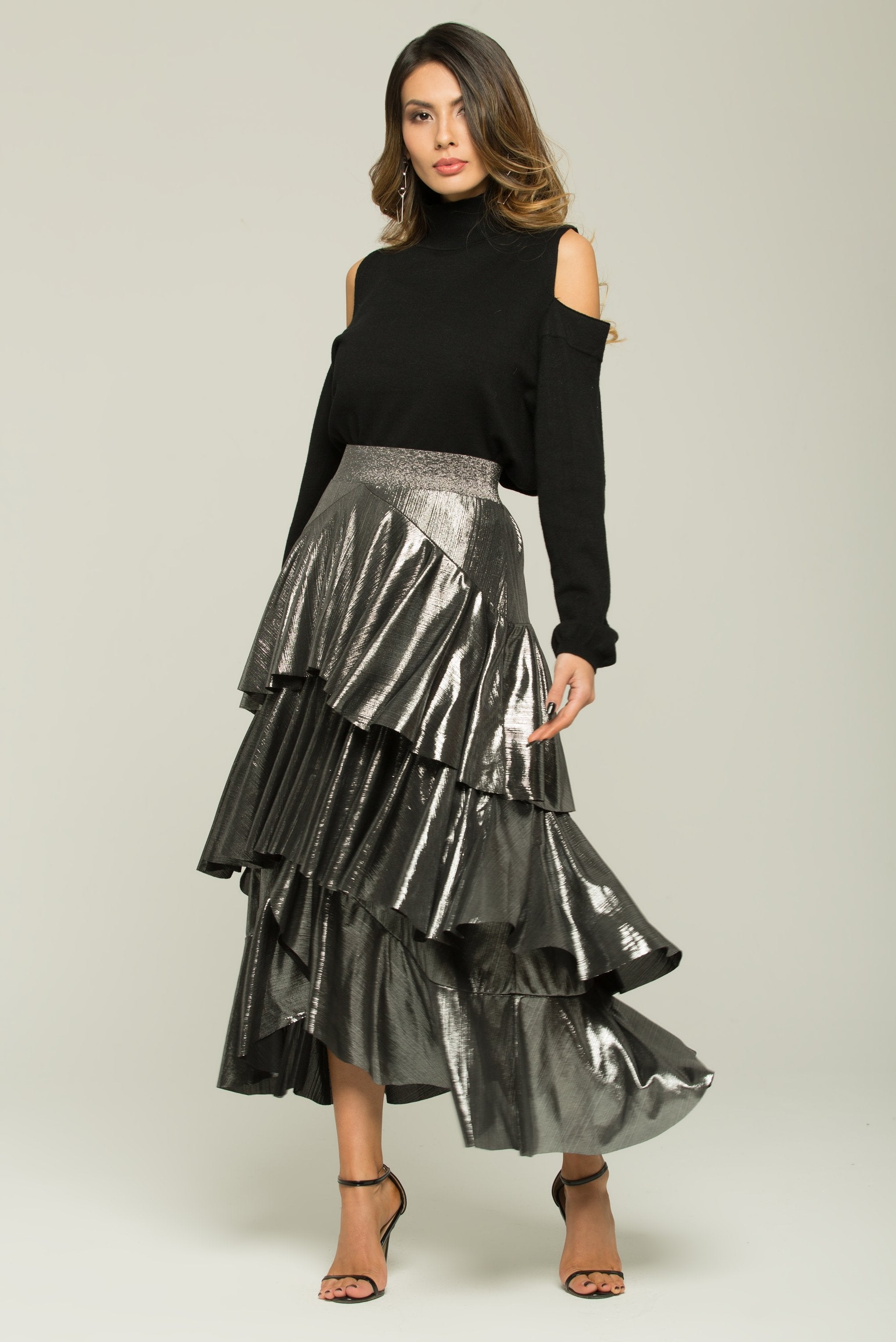Bright Silver Ruffled Maxi Skirt - ownthelooks-Development Bright Silver Ruffled Maxi Skirt - ownthelooks-Development