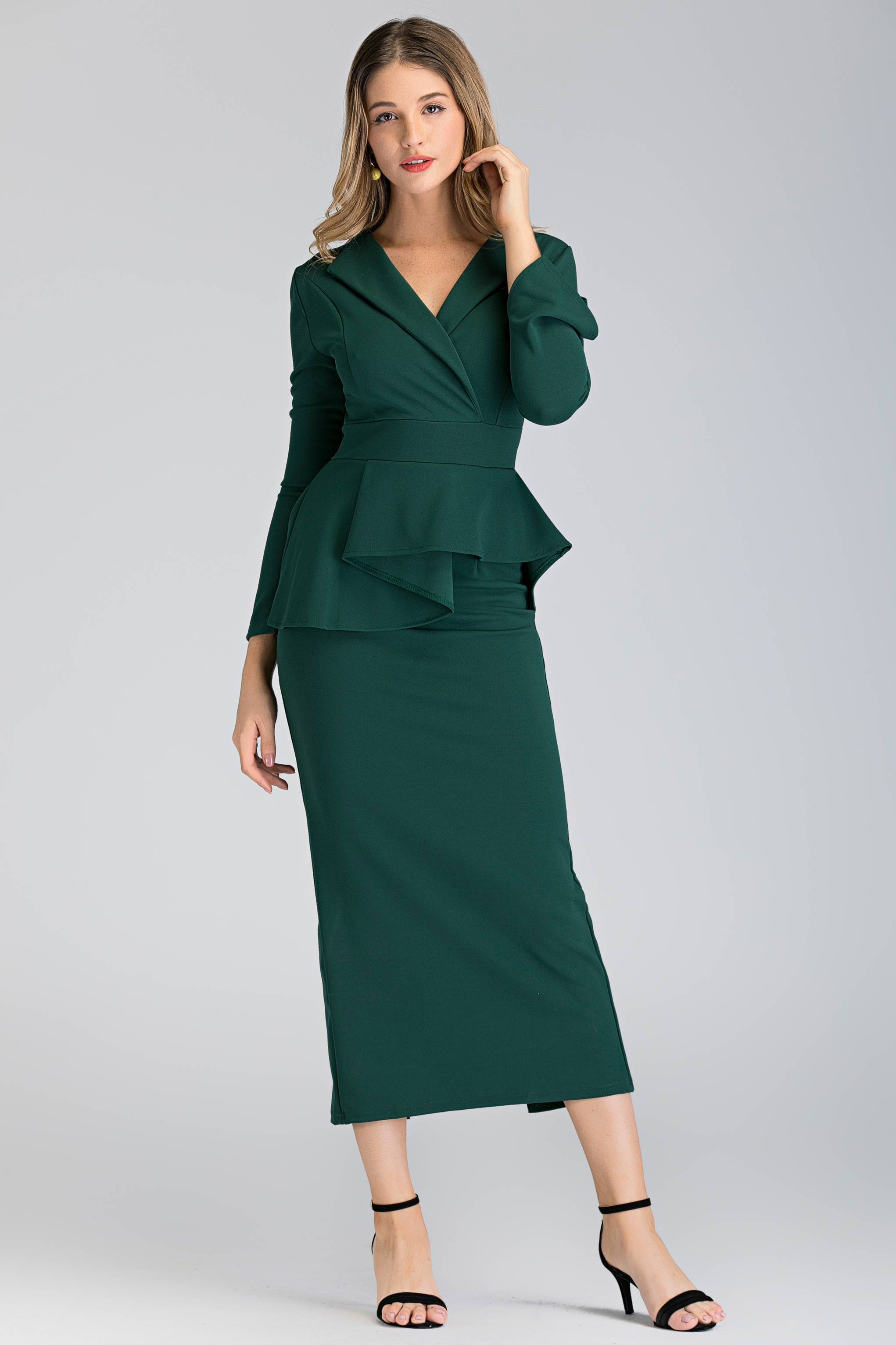 Green Collared Peplum Maxi Dress - ownthelooks-Development Green Collared Peplum Maxi Dress - ownthelooks-Development