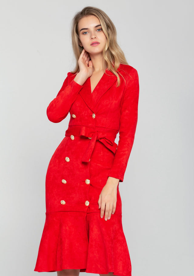 Cherry Red Button-up  Full Sleeves Midi Dress - ownthelooks-Development
