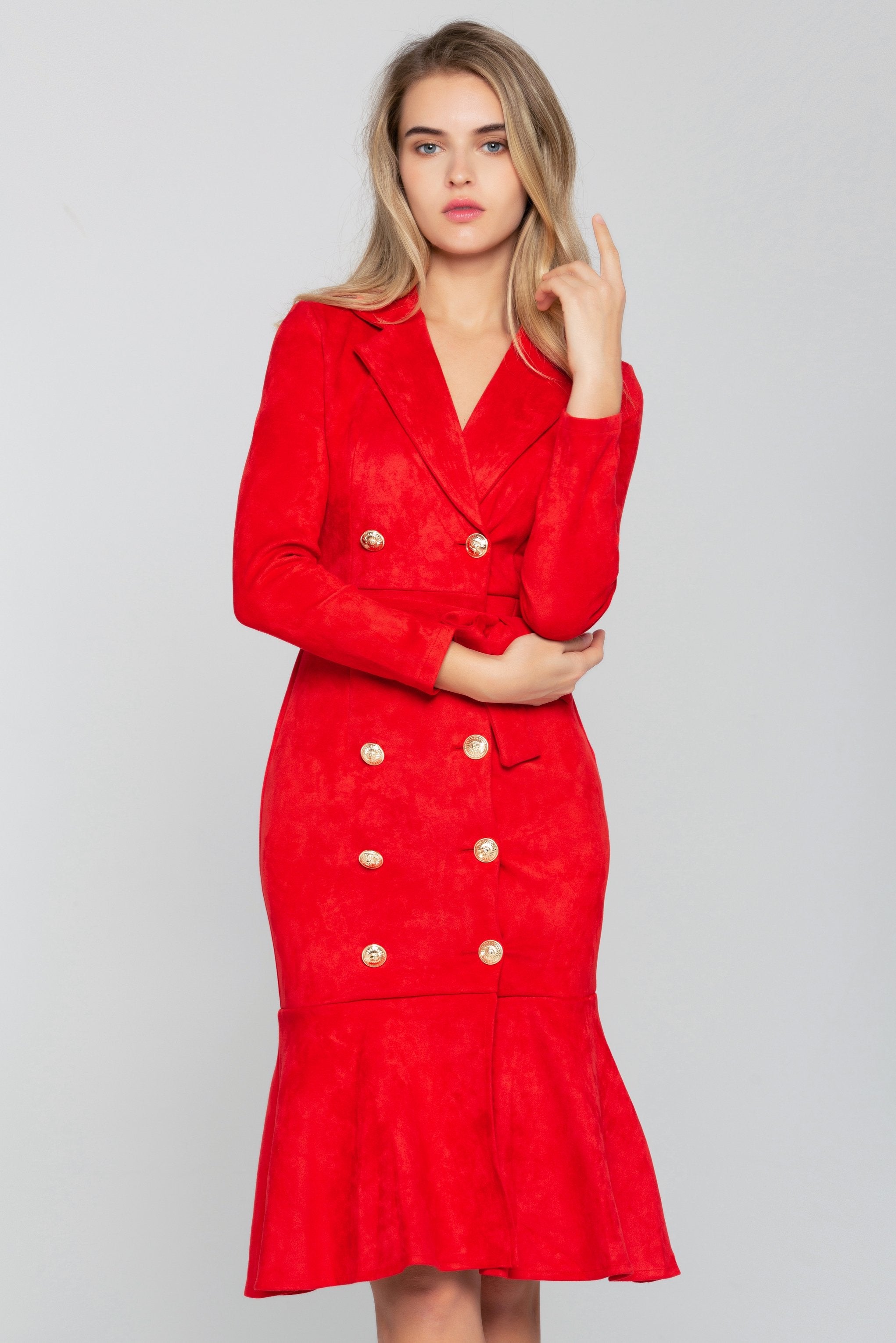 Cherry Red Button-up  Full Sleeves Midi Dress - ownthelooks-Development Cherry Red Button-up  Full Sleeves Midi Dress - ownthelooks-Development