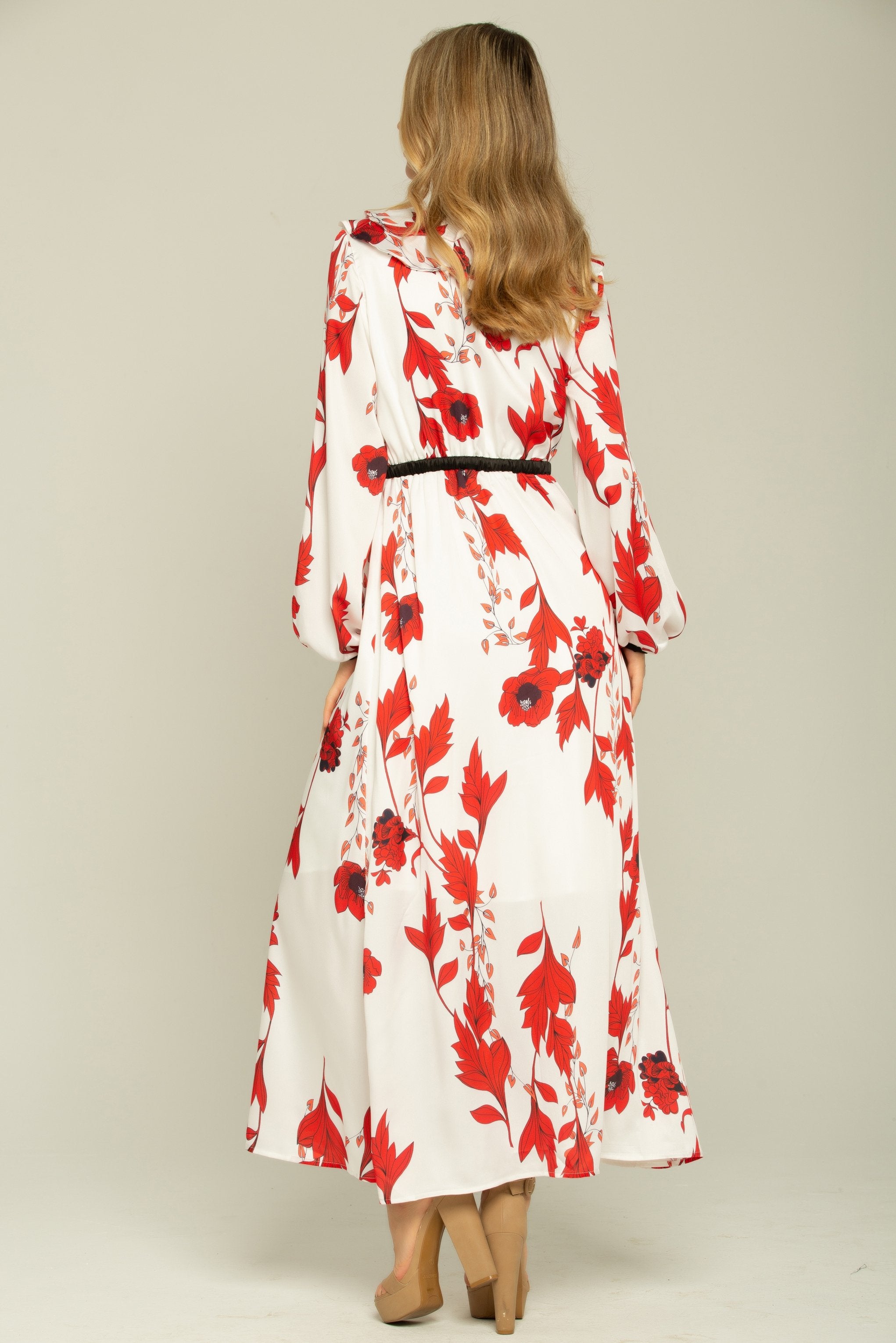 Cherry Red and Cream Ruffle Front Collar Kimono Dress - ownthelooks-Development Cherry Red and Cream Ruffle Front Collar Kimono Dress - ownthelooks-Development