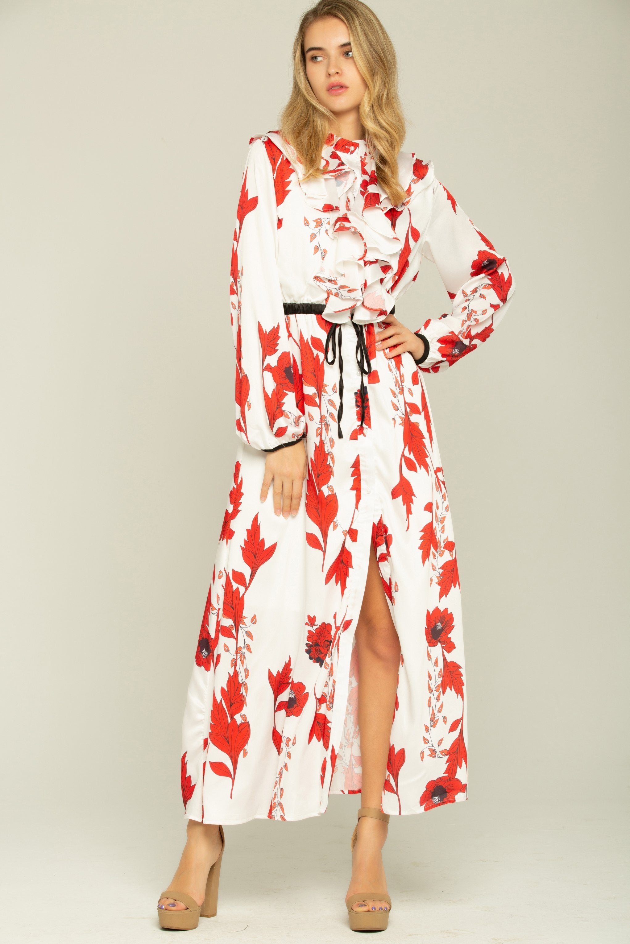 Cherry Red and Cream Ruffle Front Collar Kimono Dress - ownthelooks-Development Cherry Red and Cream Ruffle Front Collar Kimono Dress - ownthelooks-Development