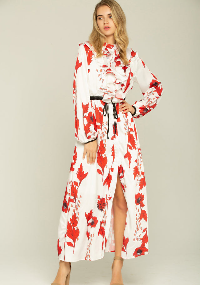 Cherry Red and Cream Ruffle Front Collar Kimono Dress - ownthelooks-Development