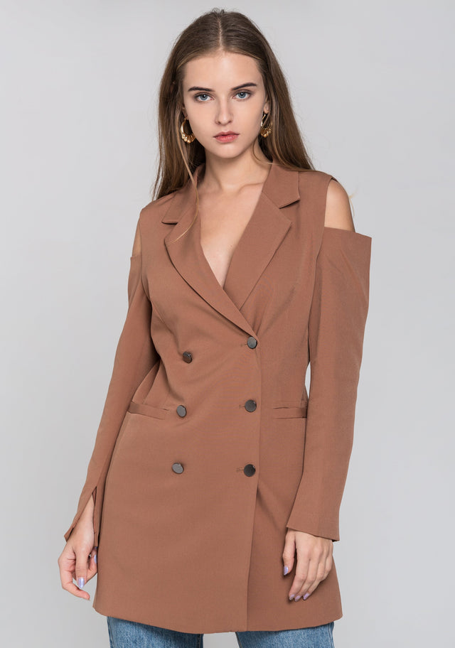 Chocolate Cold Shoulder Mini Blazer Dress - ownthelooks-Development