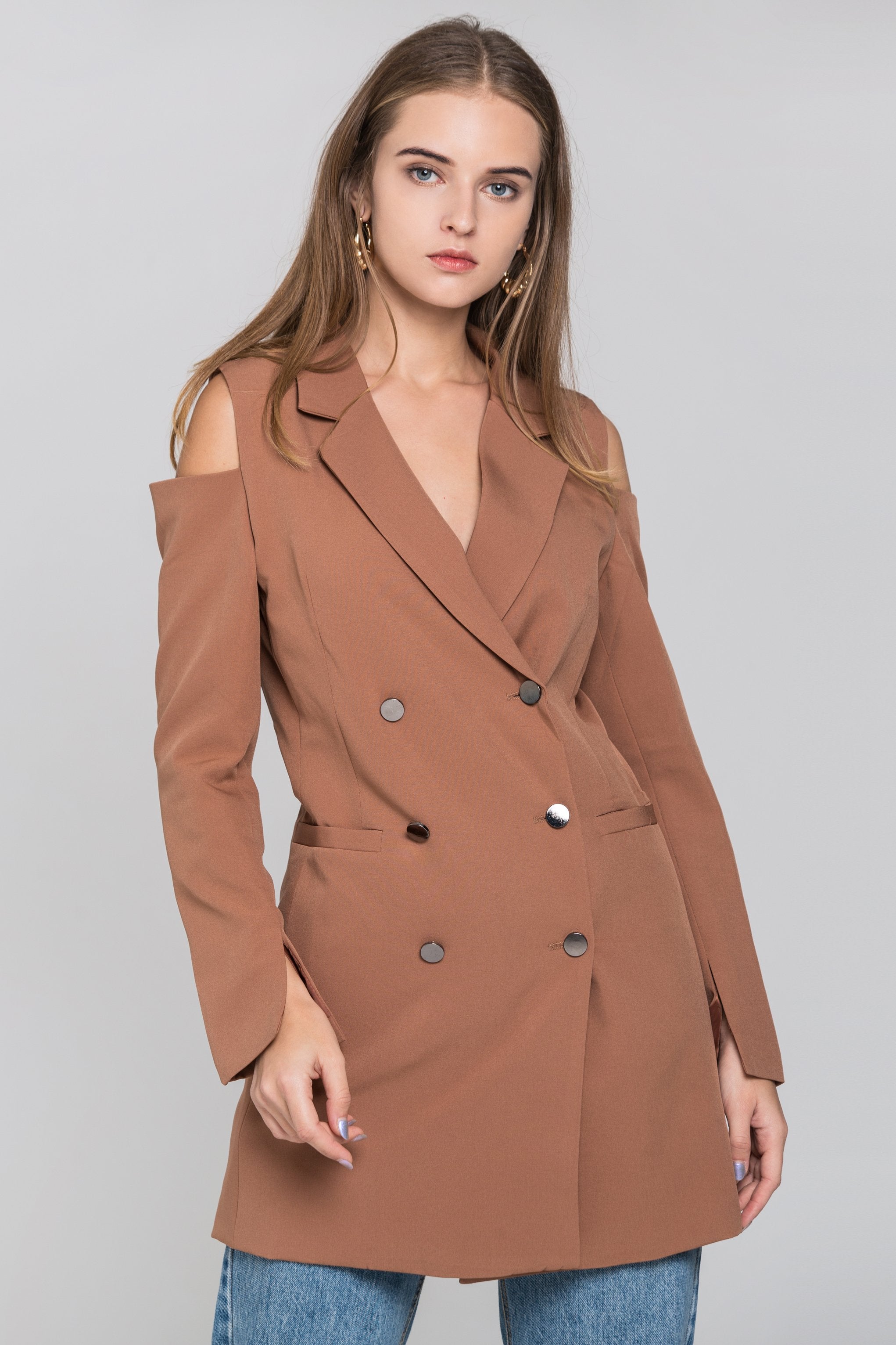 Chocolate Cold Shoulder Mini Blazer Dress - ownthelooks-Development Chocolate Cold Shoulder Mini Blazer Dress - ownthelooks-Development