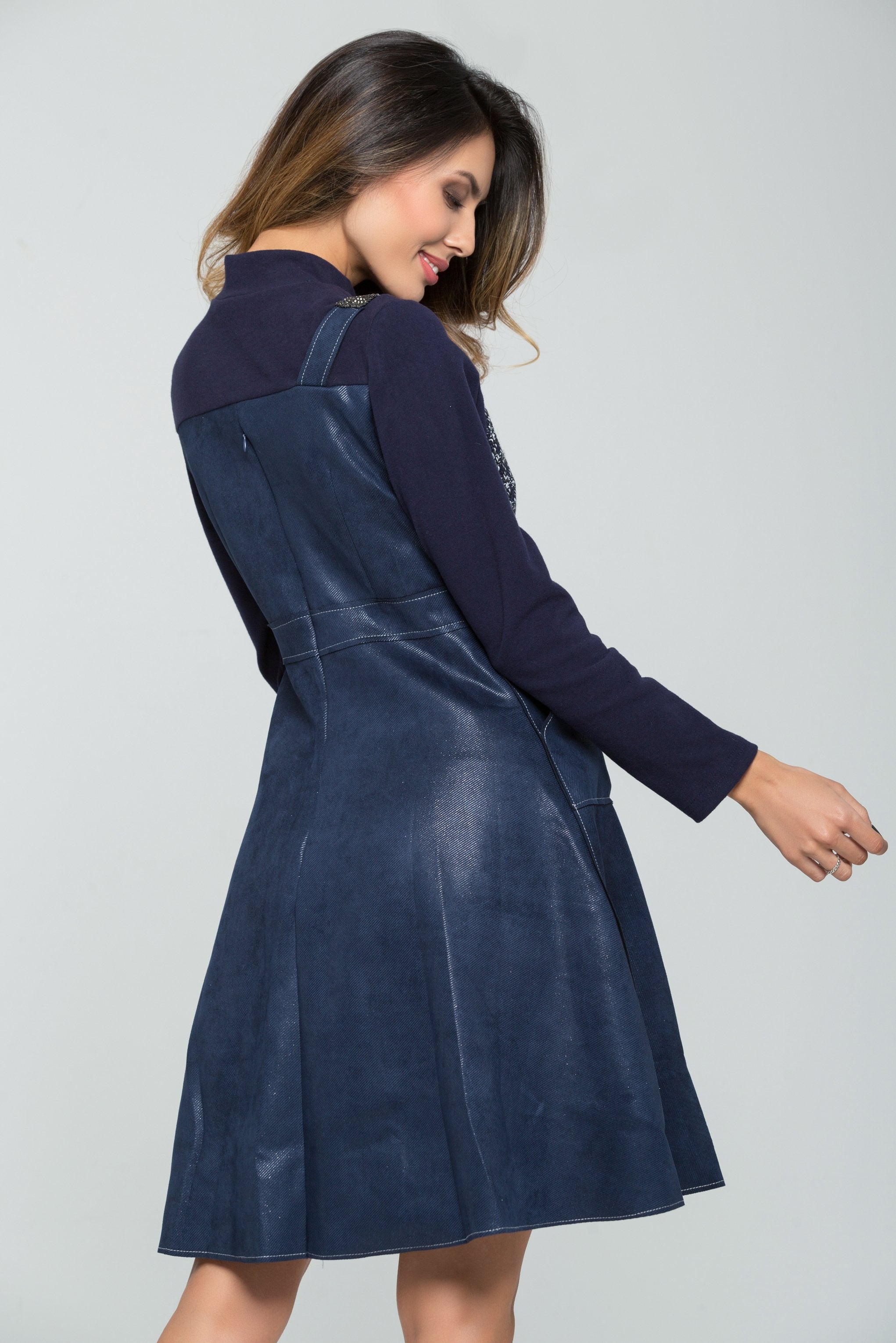 Cobalt Blue Full Sleeves Houndstooth Detail Midi Dress - ownthelooks-Development Cobalt Blue Full Sleeves Houndstooth Detail Midi Dress - ownthelooks-Development