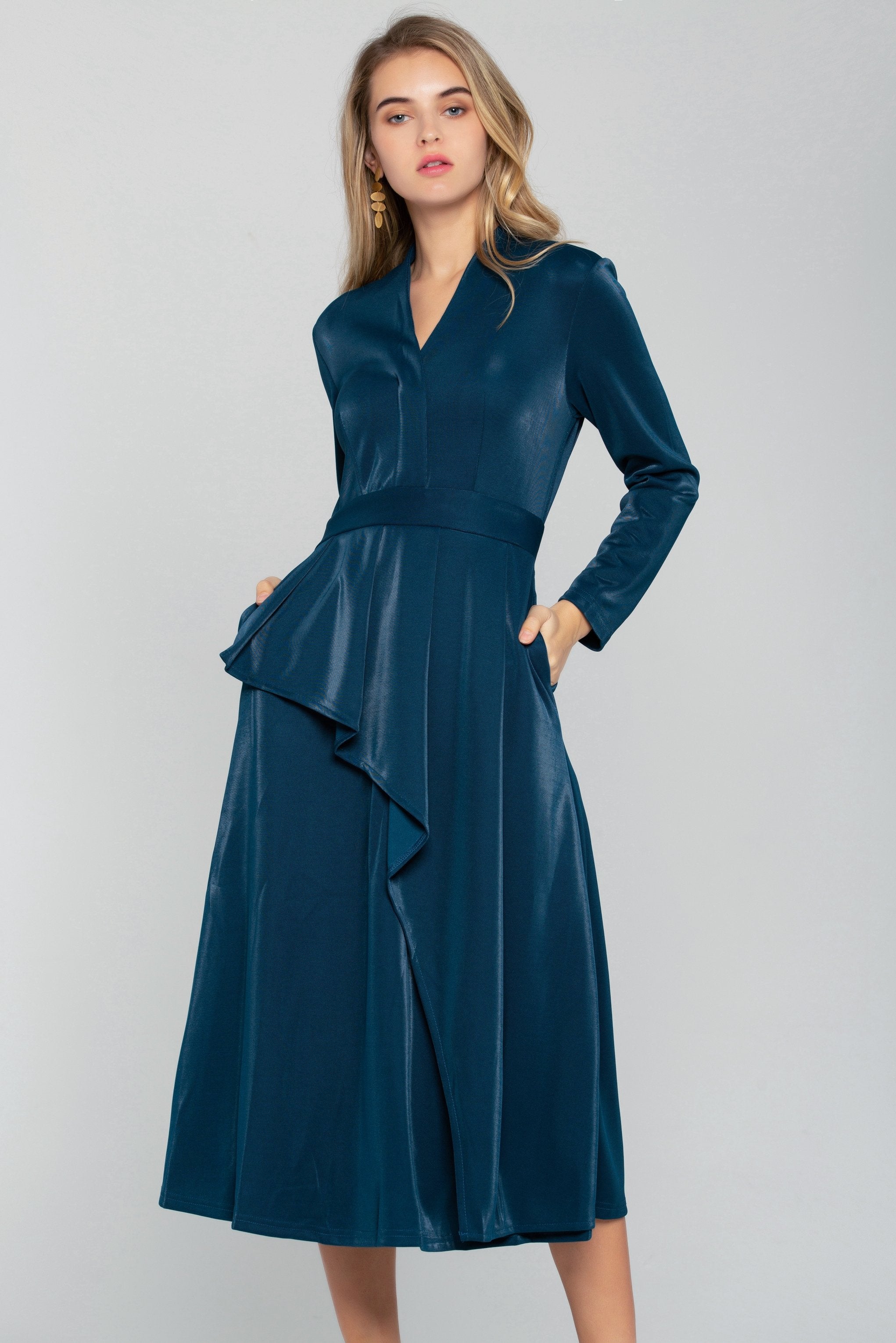 Cobalt Blue Velvet Asymmetrical Ruffles Midi Dress - ownthelooks-Development Cobalt Blue Velvet Asymmetrical Ruffles Midi Dress - ownthelooks-Development