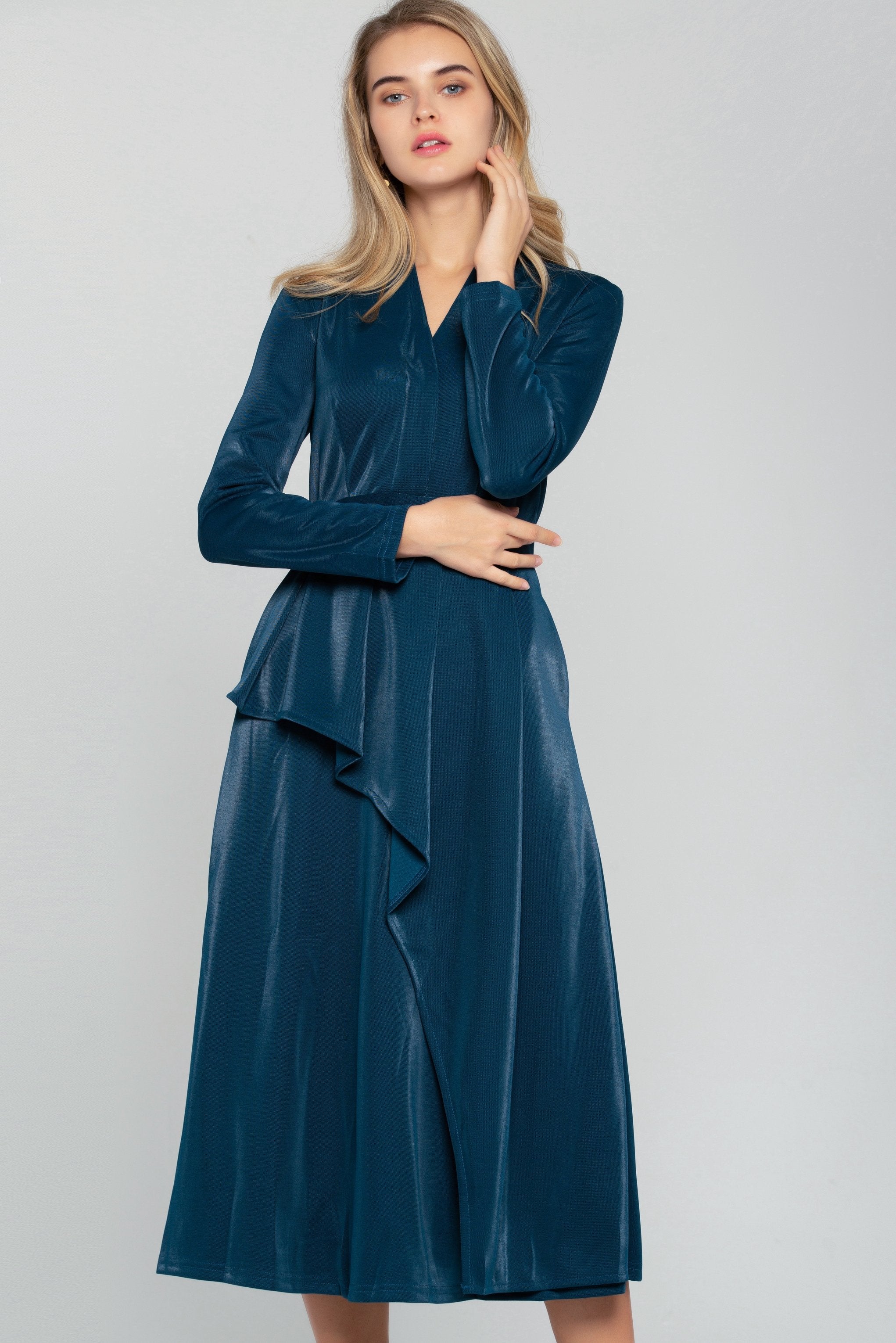 Cobalt Blue Velvet Asymmetrical Ruffles Midi Dress - ownthelooks-Development Cobalt Blue Velvet Asymmetrical Ruffles Midi Dress - ownthelooks-Development