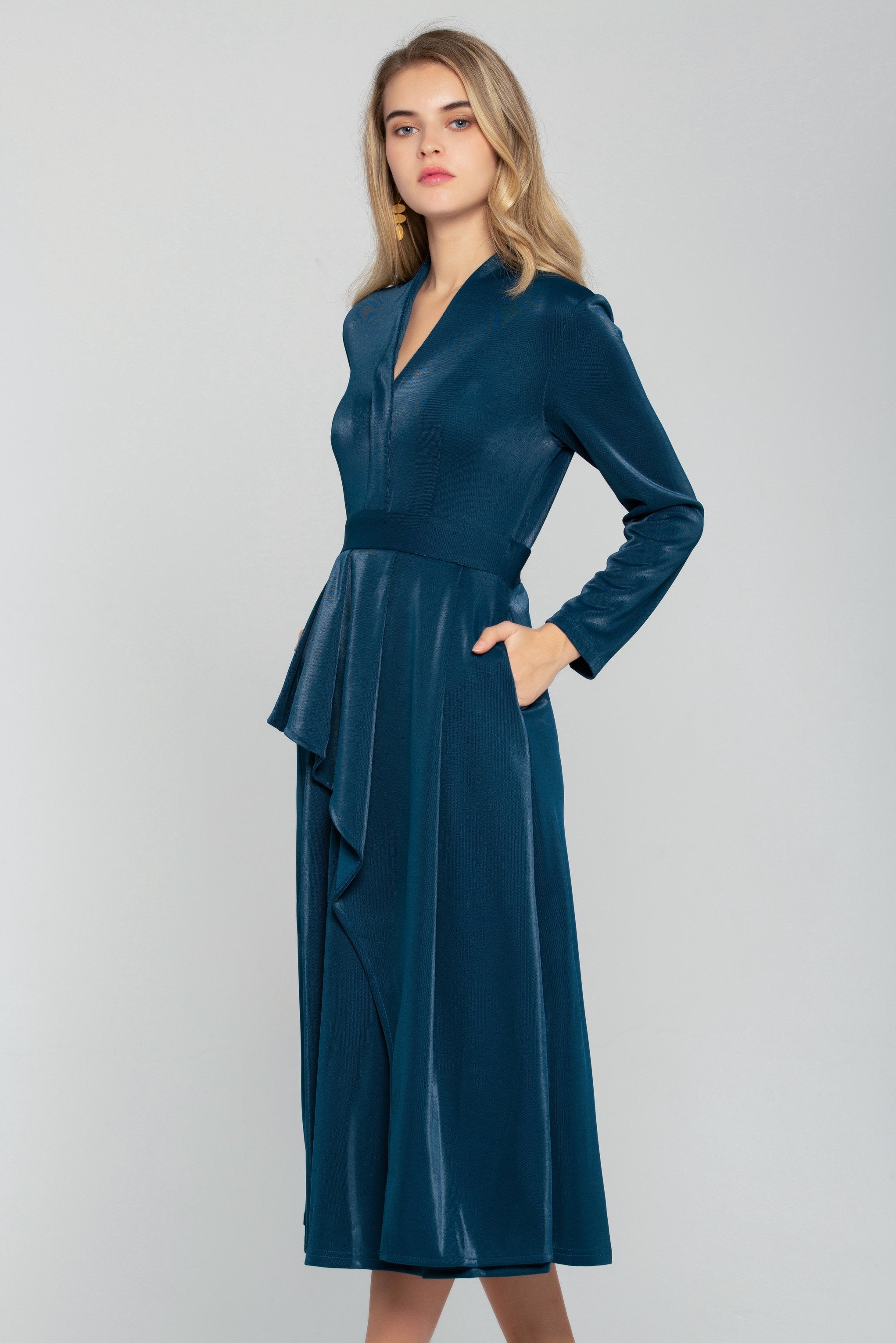 Cobalt Blue Velvet Asymmetrical Ruffles Midi Dress - ownthelooks-Development Cobalt Blue Velvet Asymmetrical Ruffles Midi Dress - ownthelooks-Development