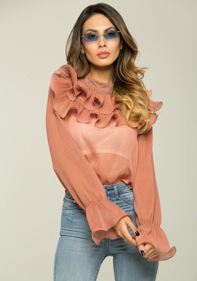 Coral Pink Glimmer Ruffled Top - ownthelooks-Development