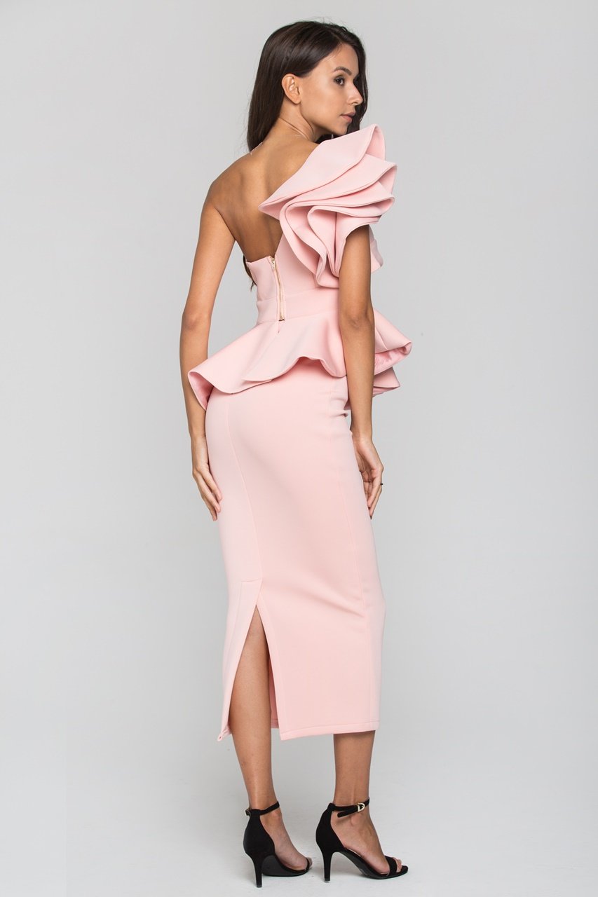 Coral Pink One Shoulder Ruffle Neoprene Midi Dress - ownthelooks-Development Coral Pink One Shoulder Ruffle Neoprene Midi Dress - ownthelooks-Development
