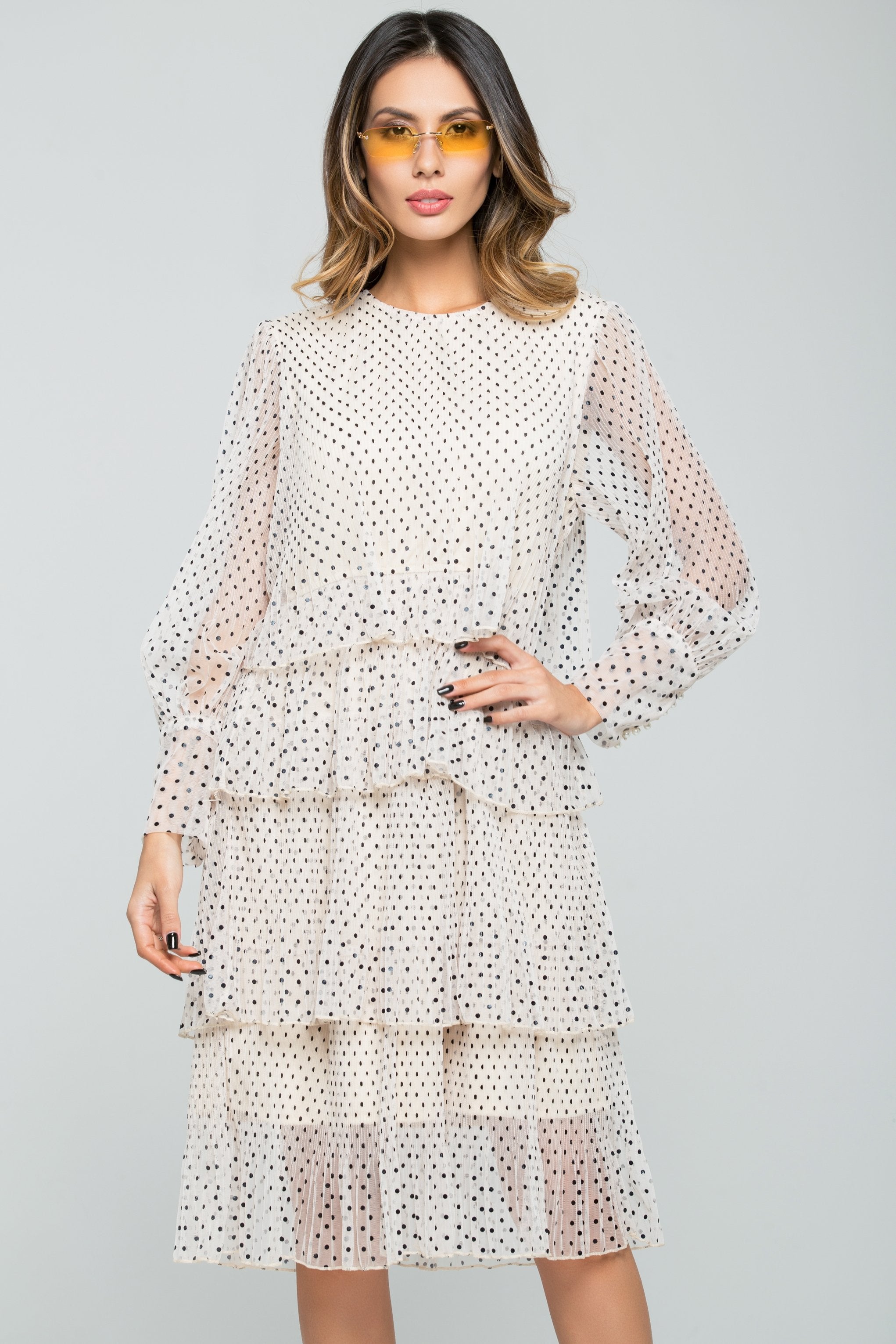 Cream and Black Polka dots Tiered Sheer Skirt Dress - ownthelooks-Development Cream and Black Polka dots Tiered Sheer Skirt Dress - ownthelooks-Development