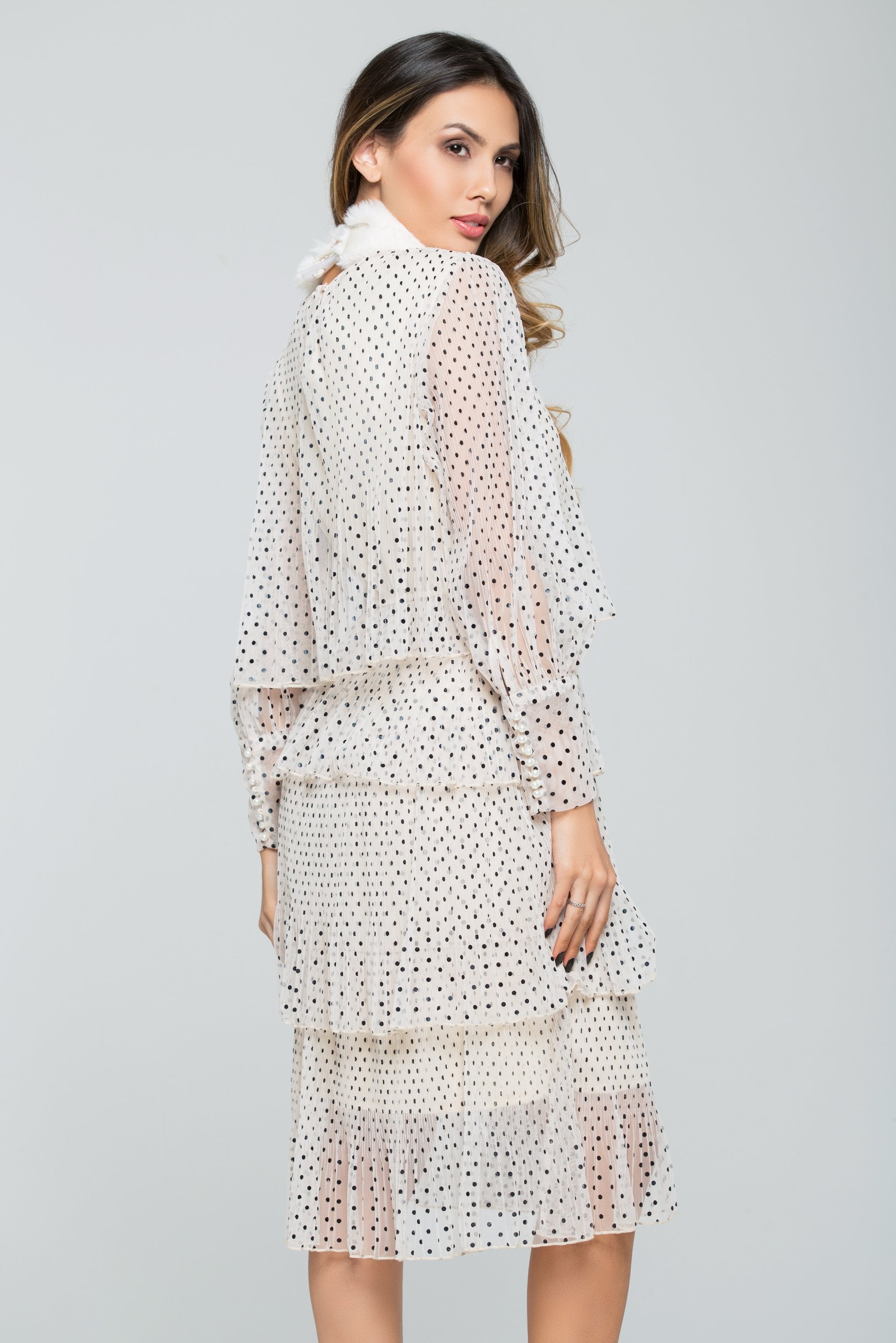 Cream and Black Polka dots Tiered Sheer Skirt Dress - ownthelooks-Development Cream and Black Polka dots Tiered Sheer Skirt Dress - ownthelooks-Development
