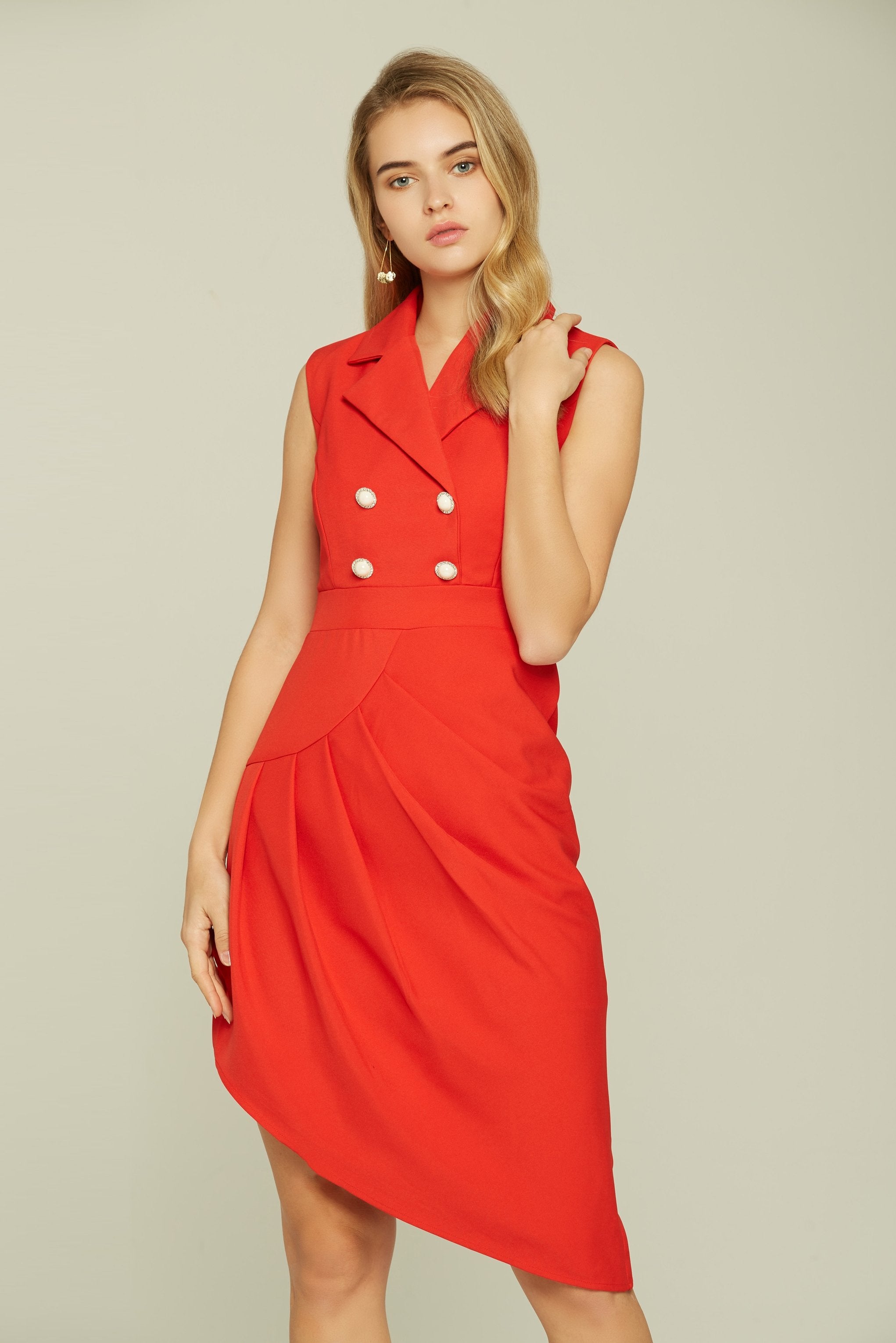 Fiery Red Double Breasted Asymmetrical Ruffle - ownthelooks-Development Fiery Red Double Breasted Asymmetrical Ruffle - ownthelooks-Development