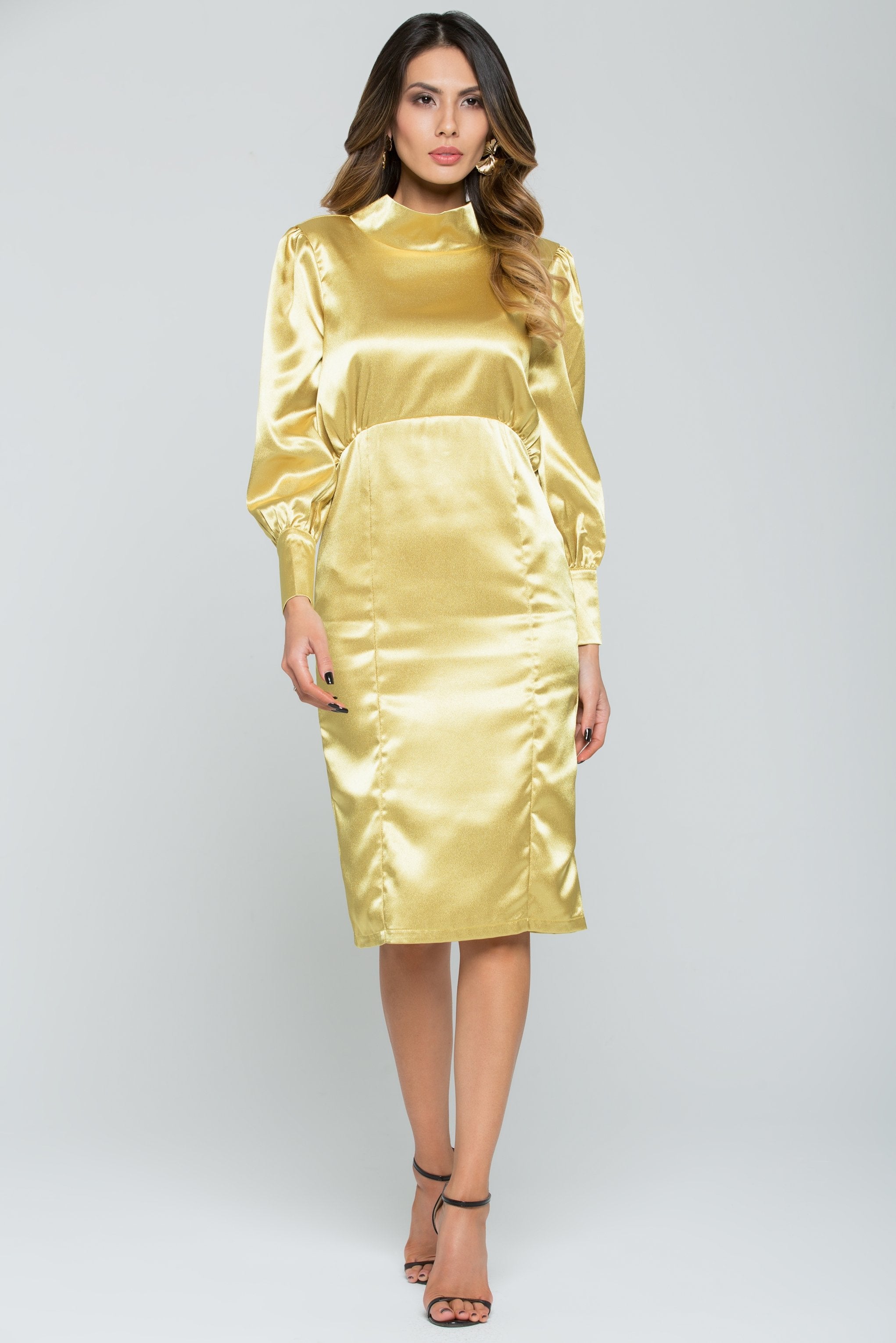 Golden Silk Full Sleeves Midi Dress - ownthelooks-Development Golden Silk Full Sleeves Midi Dress - ownthelooks-Development