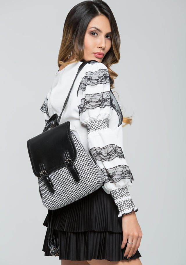 Houndstooth and Black Flap Backpack - ownthelooks-Development