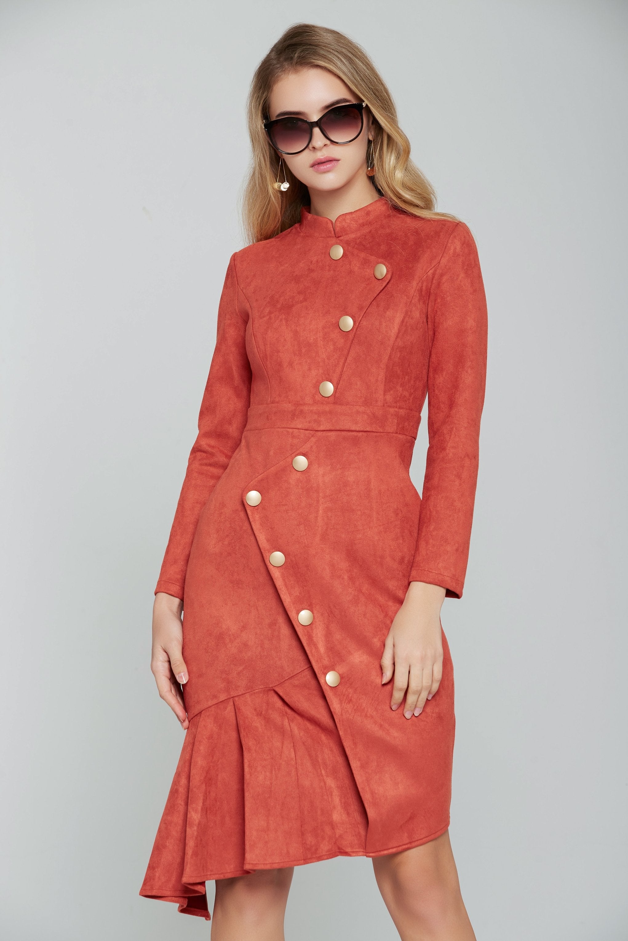 Mandarin Orange Gold Button-up Midi Dress - ownthelooks-Development Mandarin Orange Gold Button-up Midi Dress - ownthelooks-Development