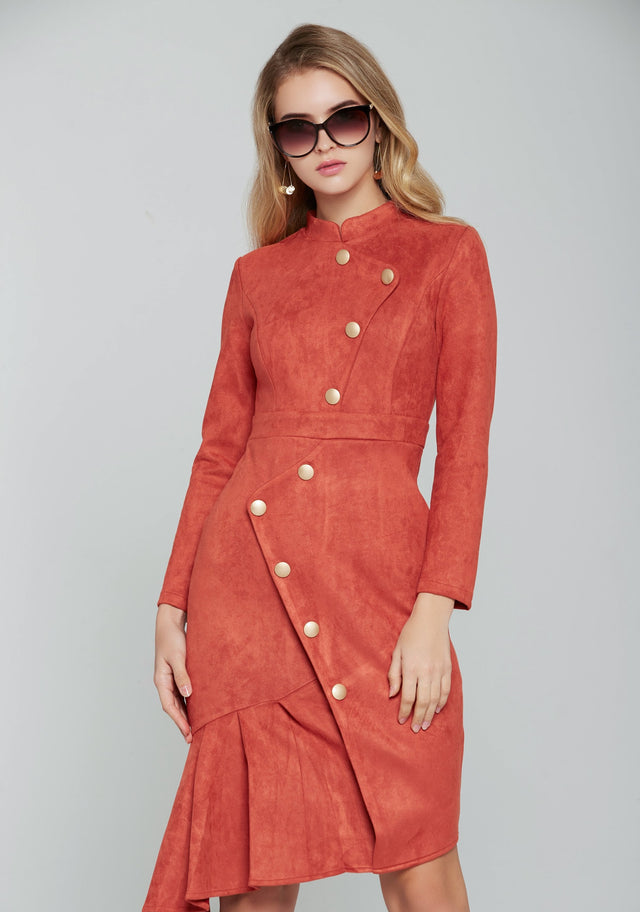 Mandarin Orange Gold Button-up Midi Dress - ownthelooks-Development