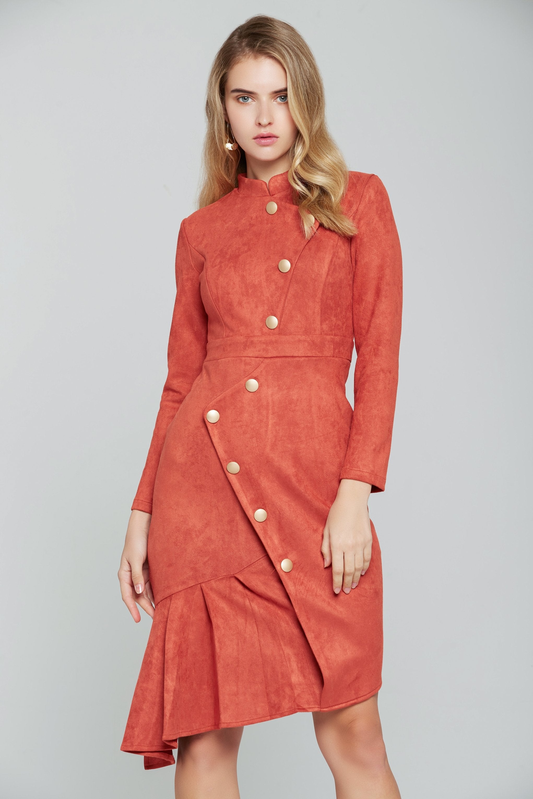 Mandarin Orange Gold Button-up Midi Dress - ownthelooks-Development Mandarin Orange Gold Button-up Midi Dress - ownthelooks-Development