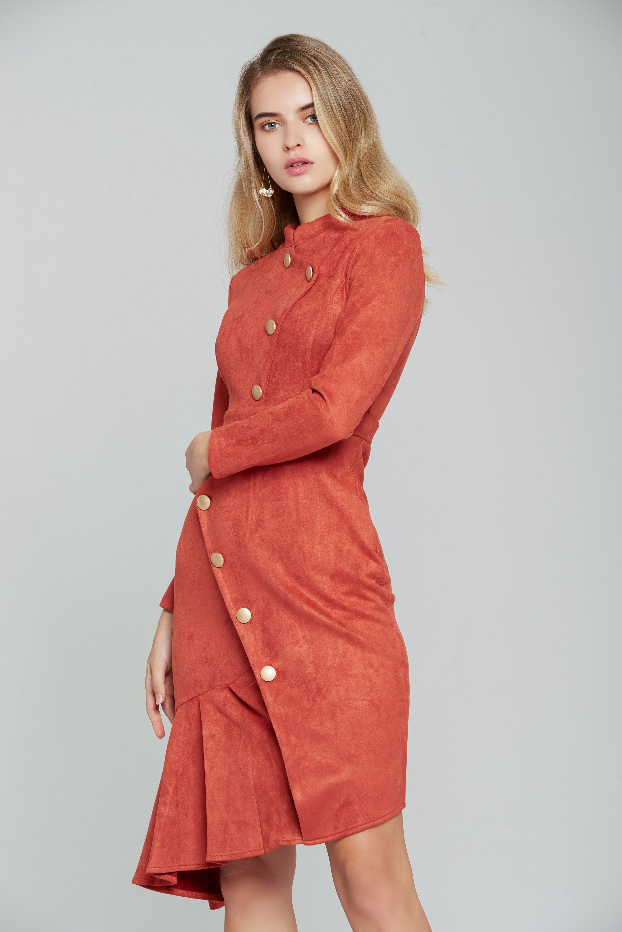 Mandarin Orange Gold Button-up Midi Dress - ownthelooks-Development Mandarin Orange Gold Button-up Midi Dress - ownthelooks-Development