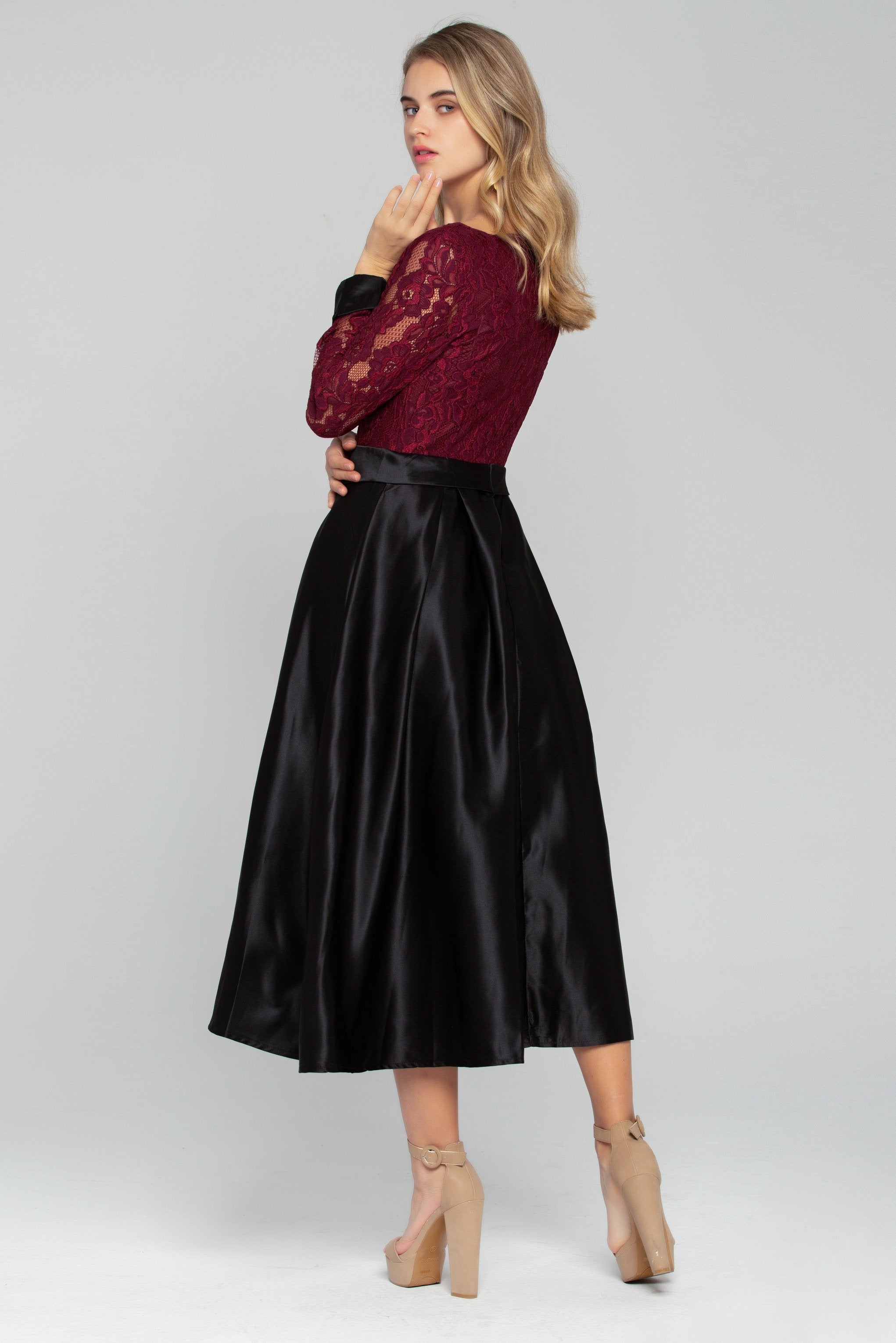 Maroon Lace Top with Black Maxi Skirt Dress - ownthelooks-Development Maroon Lace Top with Black Maxi Skirt Dress - ownthelooks-Development
