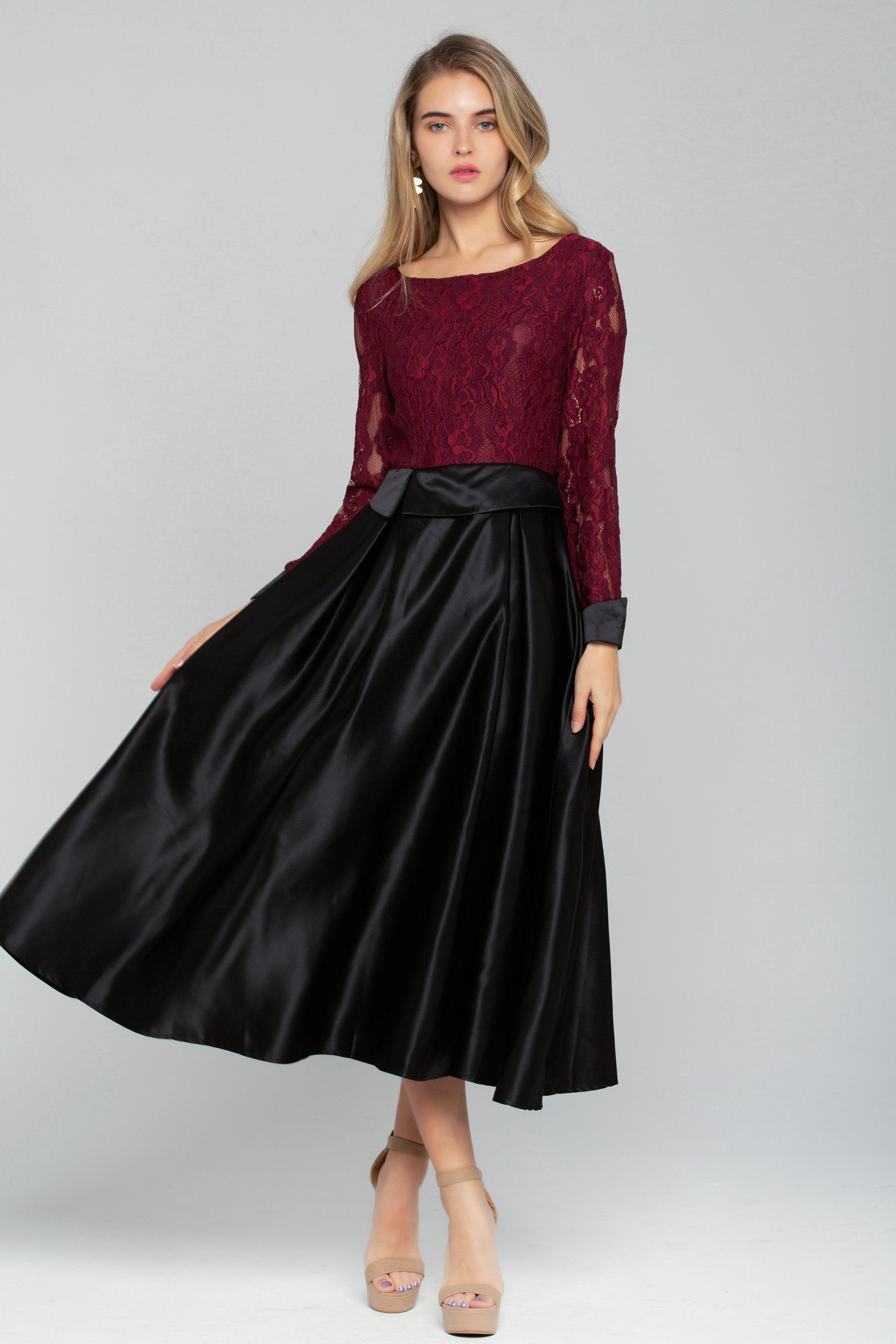 Maroon Lace Top with Black Maxi Skirt Dress - ownthelooks-Development Maroon Lace Top with Black Maxi Skirt Dress - ownthelooks-Development