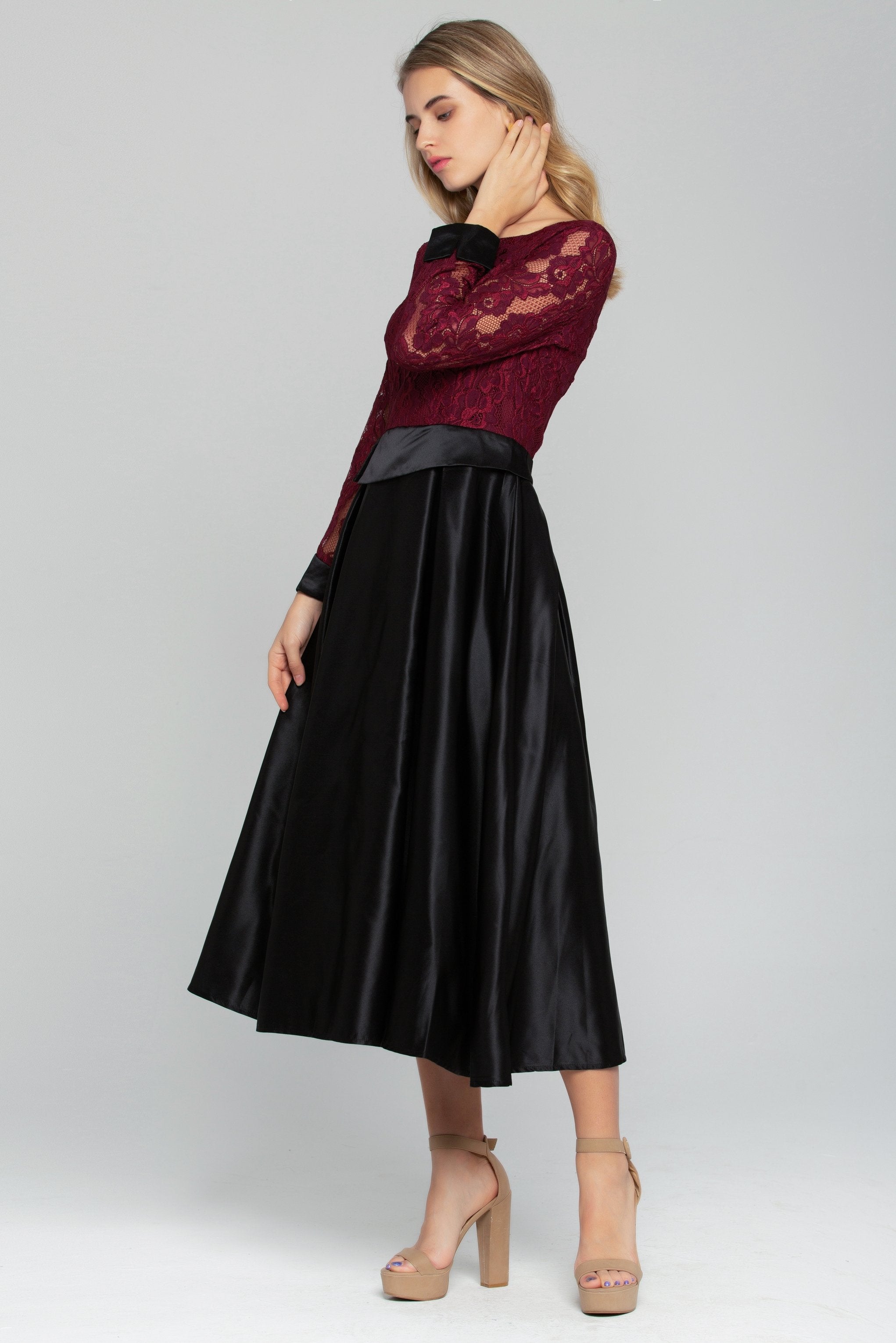 Maroon Lace Top with Black Maxi Skirt Dress - ownthelooks-Development Maroon Lace Top with Black Maxi Skirt Dress - ownthelooks-Development