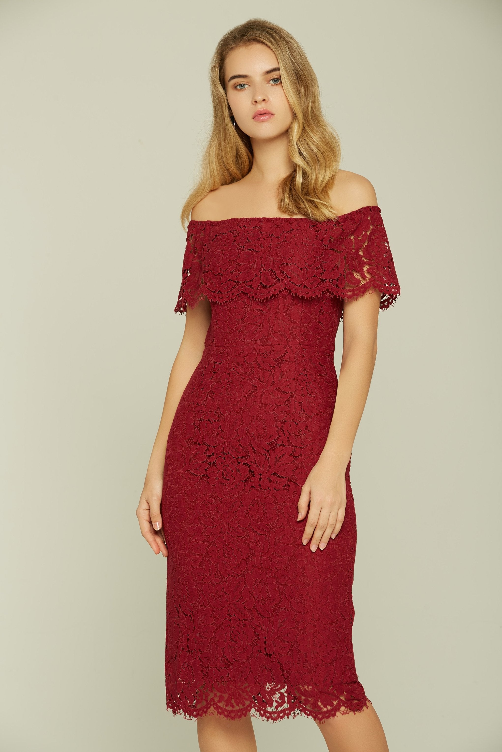 Maroon Off the Shoulder Lace Dress - ownthelooks-Development Maroon Off the Shoulder Lace Dress - ownthelooks-Development