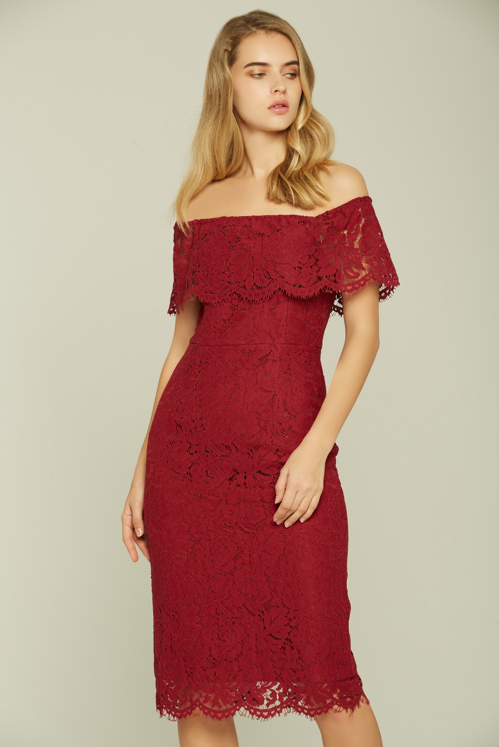 Maroon Off the Shoulder Lace Dress - ownthelooks-Development Maroon Off the Shoulder Lace Dress - ownthelooks-Development