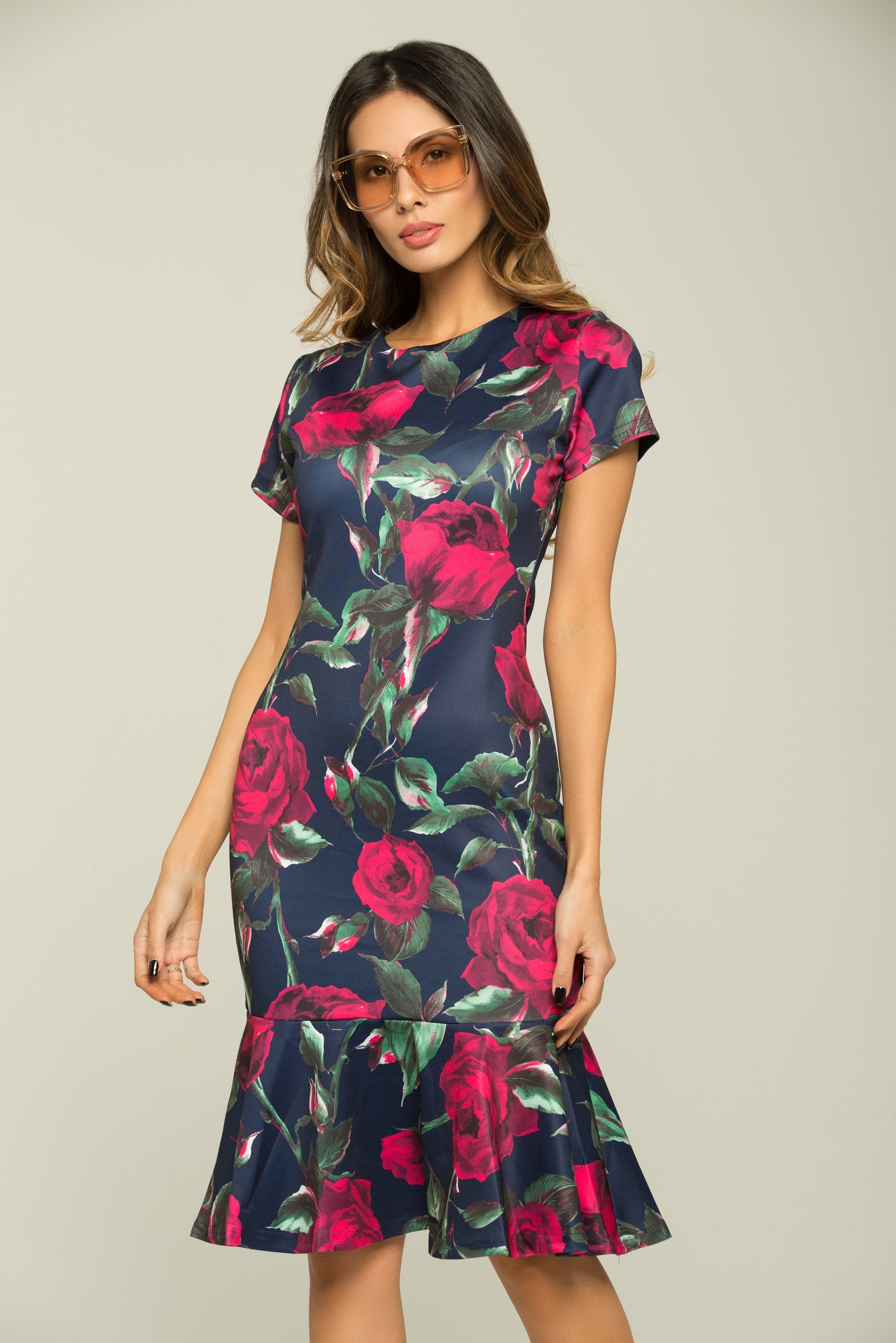 Navy Blue Pink Roses Midi Dress - ownthelooks-Development Navy Blue Pink Roses Midi Dress - ownthelooks-Development