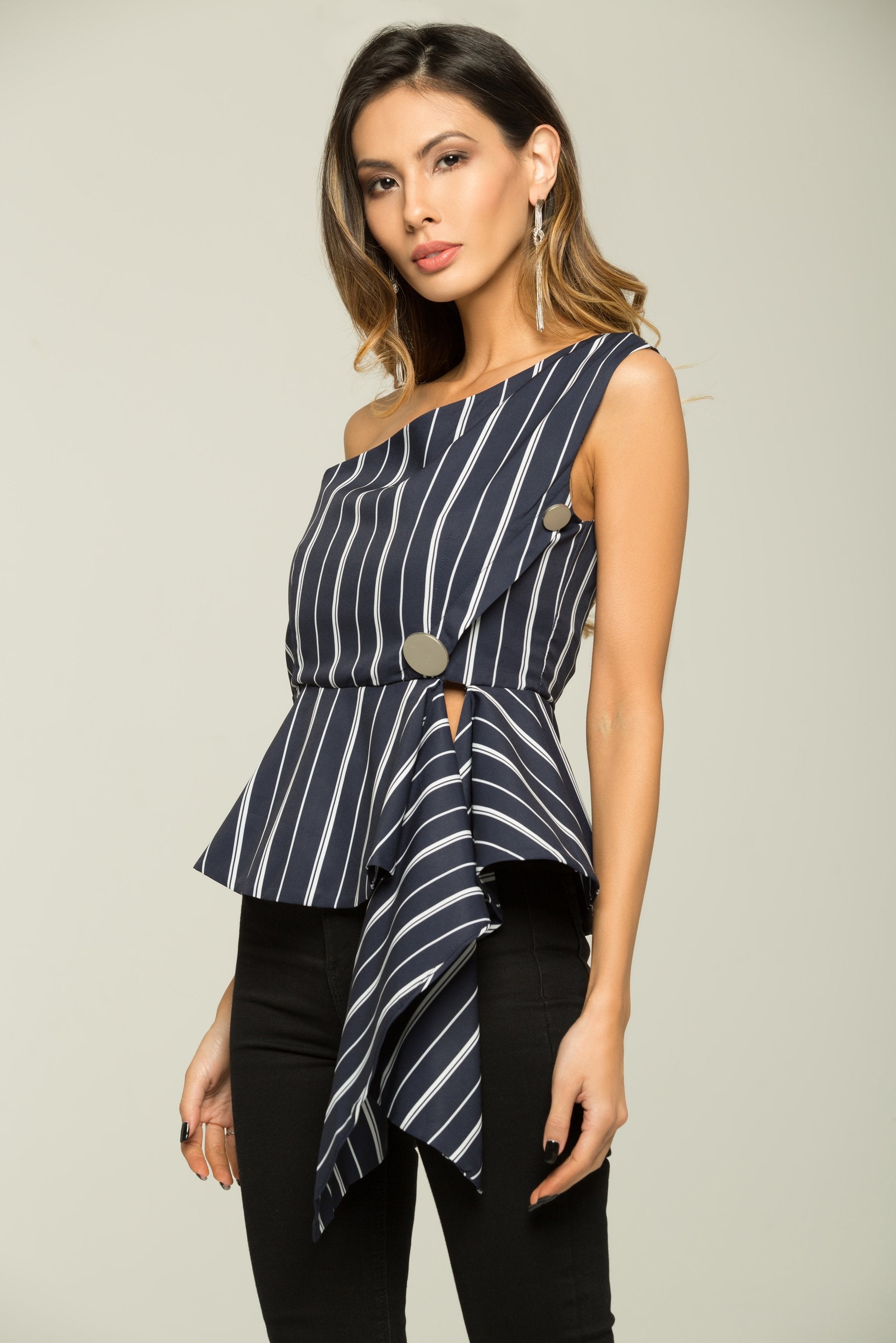 Navy Blue and White One-shoulder Asymmetrical Top - ownthelooks-Development Navy Blue and White One-shoulder Asymmetrical Top - ownthelooks-Development