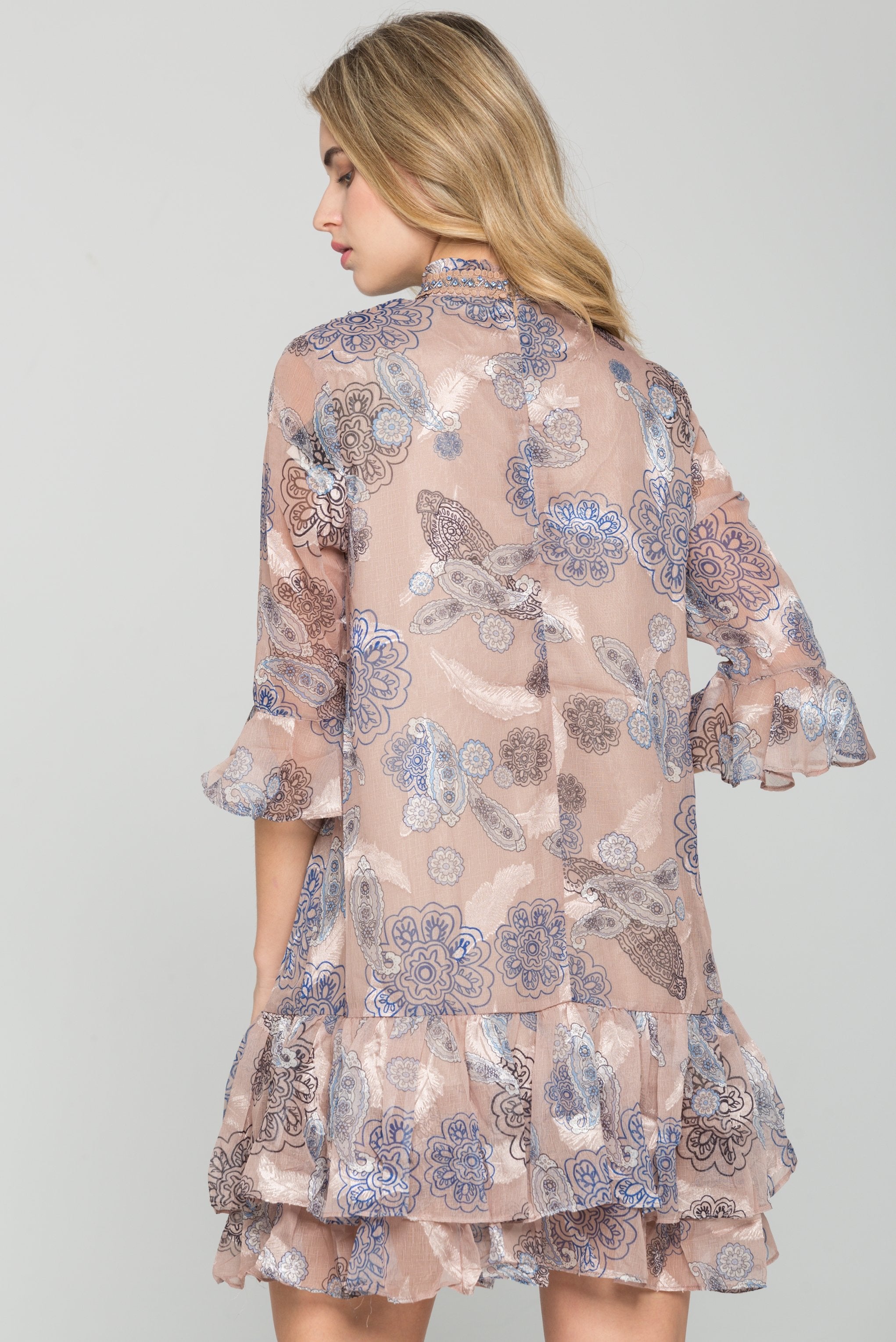 Ochre and Blue Lace Neck Floral Print Dress - ownthelooks-Development Ochre and Blue Lace Neck Floral Print Dress - ownthelooks-Development