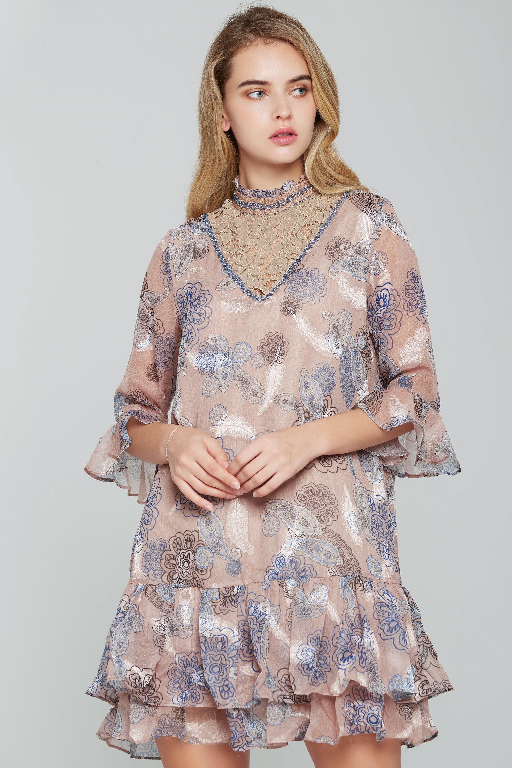 Ochre and Blue Lace Neck Floral Print Dress - ownthelooks-Development Ochre and Blue Lace Neck Floral Print Dress - ownthelooks-Development