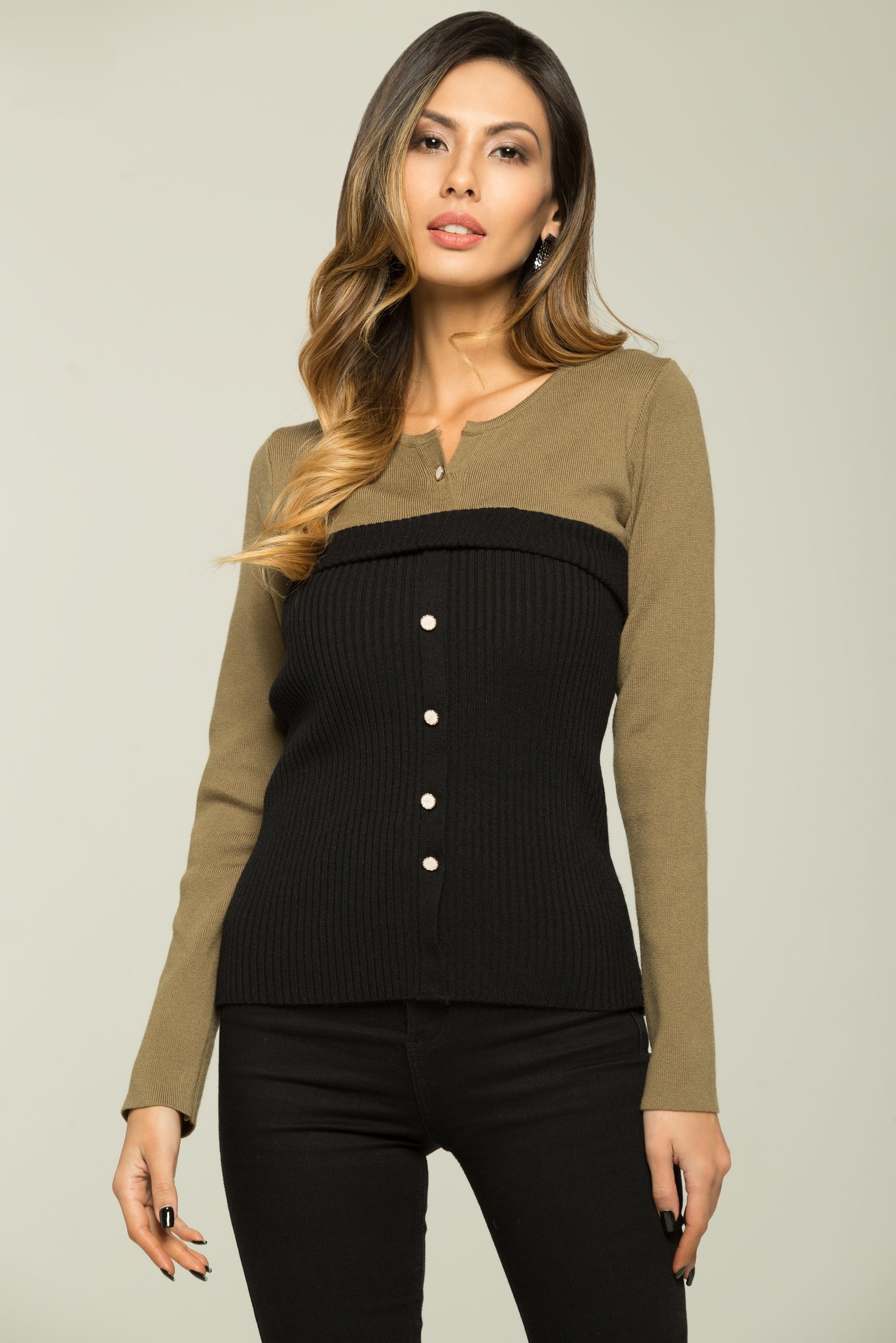 Olive Green and Black Button Up Sweater Top - ownthelooks-Development Olive Green and Black Button Up Sweater Top - ownthelooks-Development