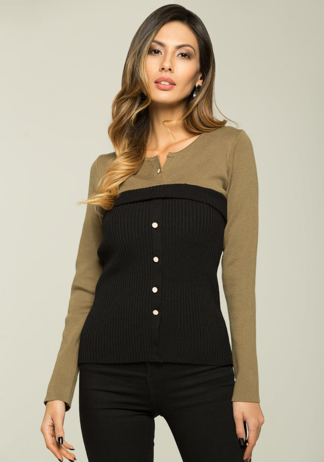 Olive Green and Black Button Up Sweater Top - ownthelooks-Development