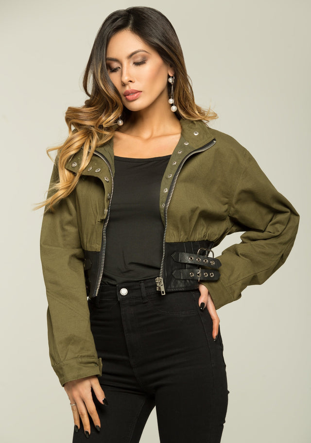 Olive Green and Black Full Sleeves Zip Up Jacket - ownthelooks-Development