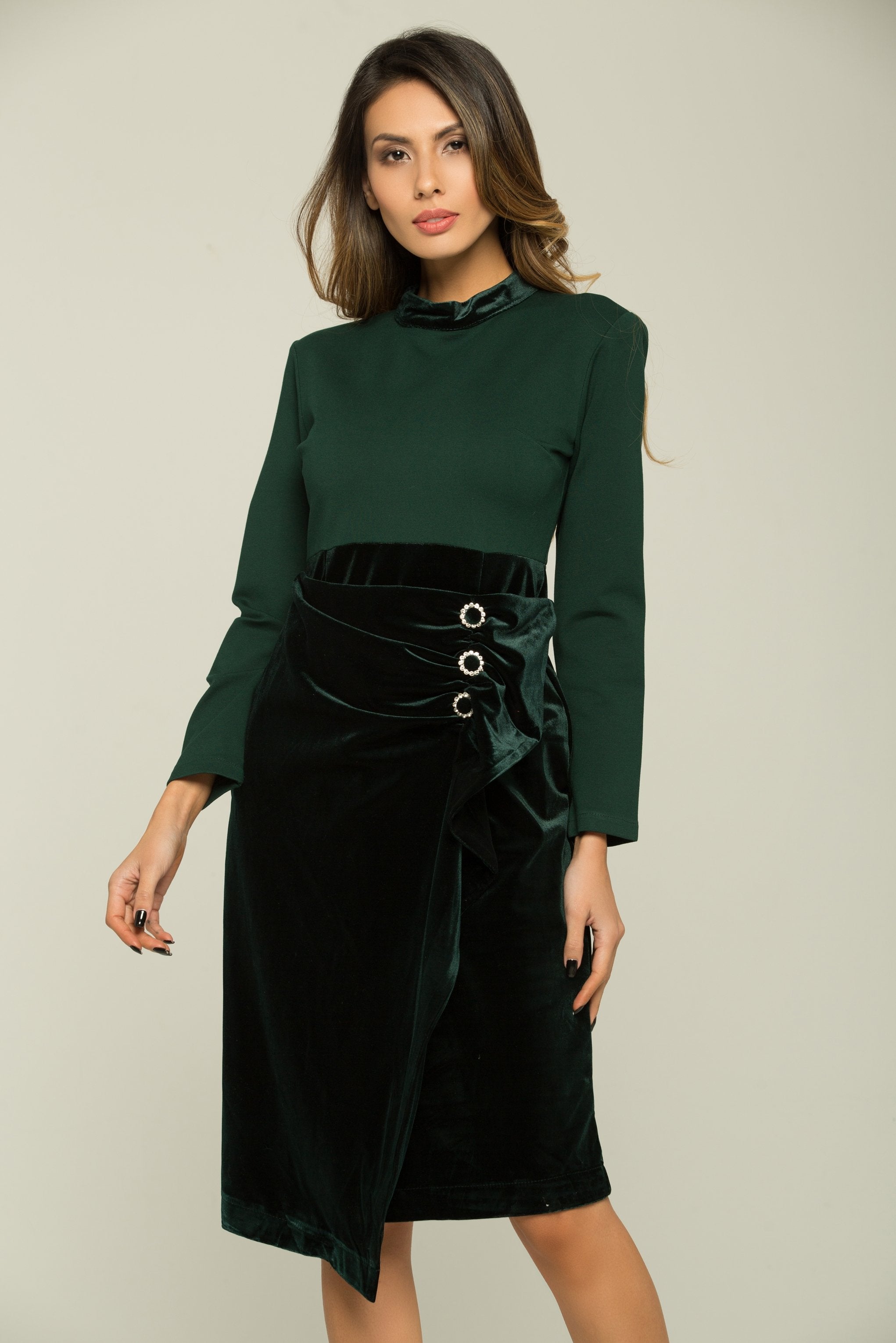 Pine Green Full Sleeves Buttoned Up Dress - ownthelooks-Development Pine Green Full Sleeves Buttoned Up Dress - ownthelooks-Development