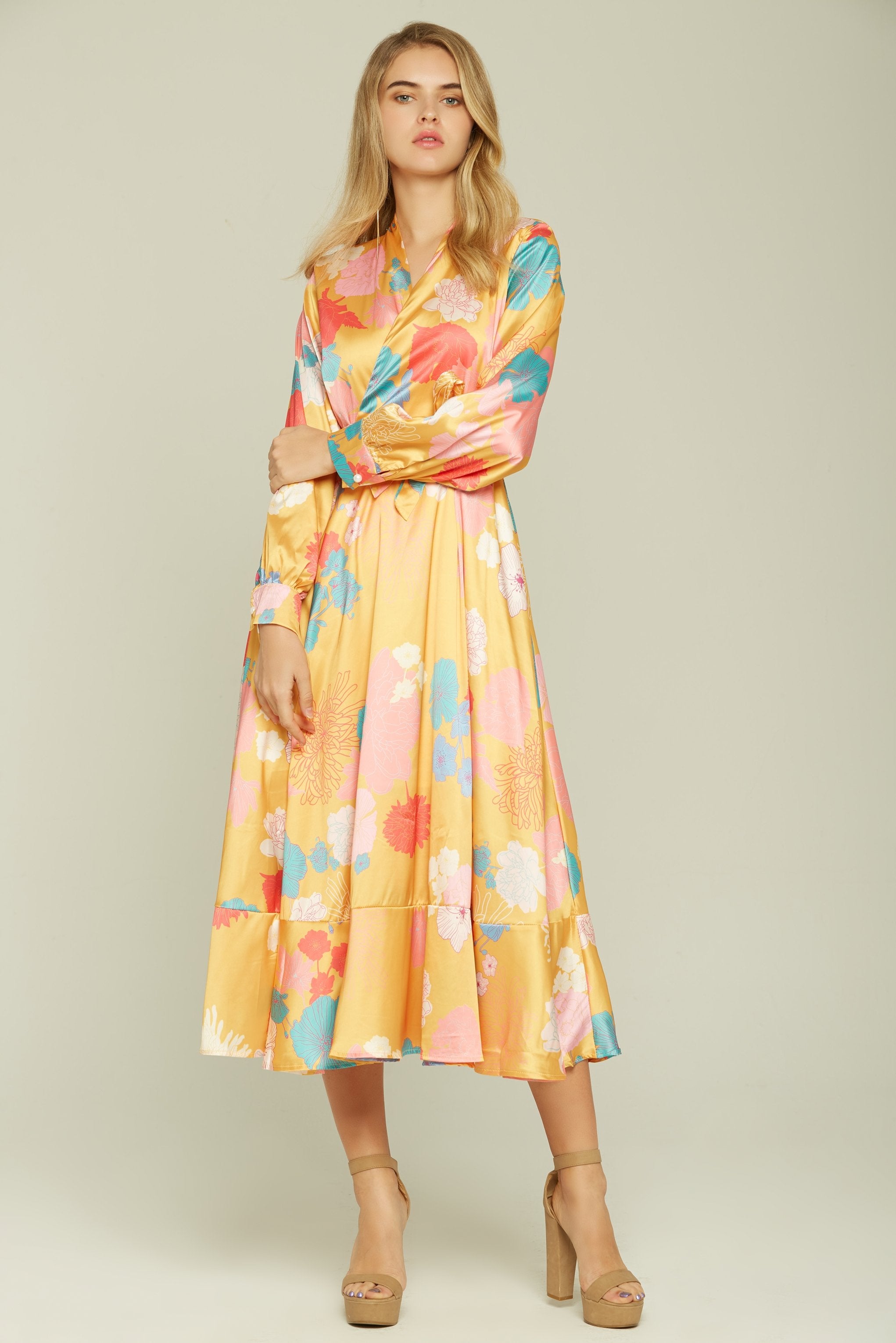 Pineapple Yellow Floral Print Wrap-around Midi Dress - ownthelooks-Development Pineapple Yellow Floral Print Wrap-around Midi Dress - ownthelooks-Development