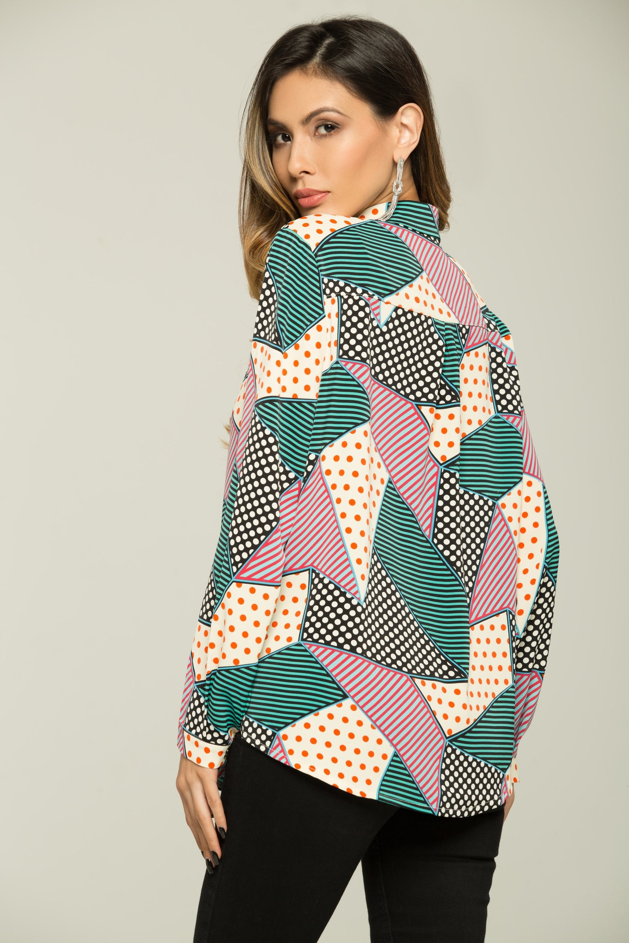 Polka and Stripes Print Button-up Top - ownthelooks-Development Polka and Stripes Print Button-up Top - ownthelooks-Development