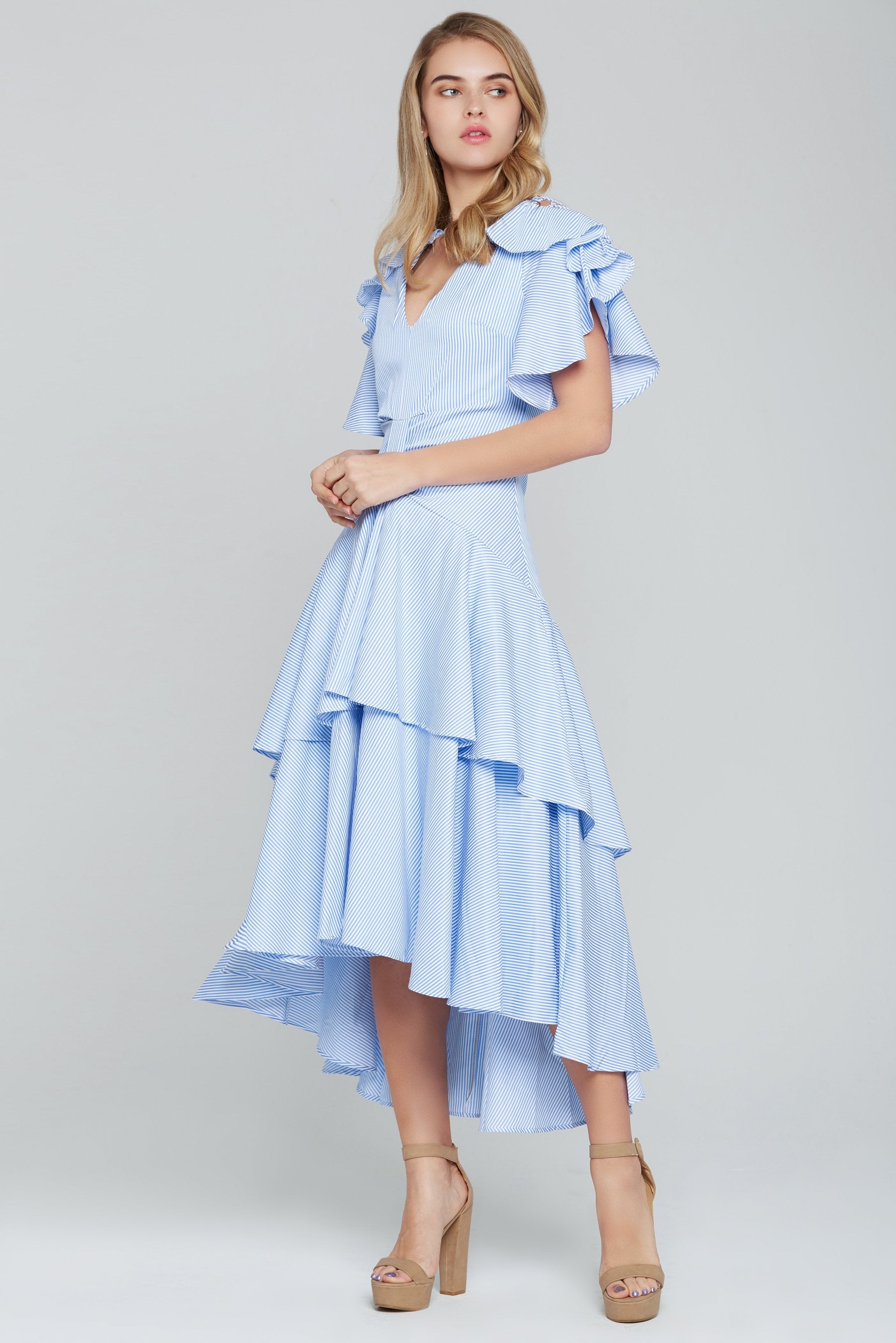 Powder Blue Asymmetrical Ruffled Midi Dress - ownthelooks-Development Powder Blue Asymmetrical Ruffled Midi Dress - ownthelooks-Development