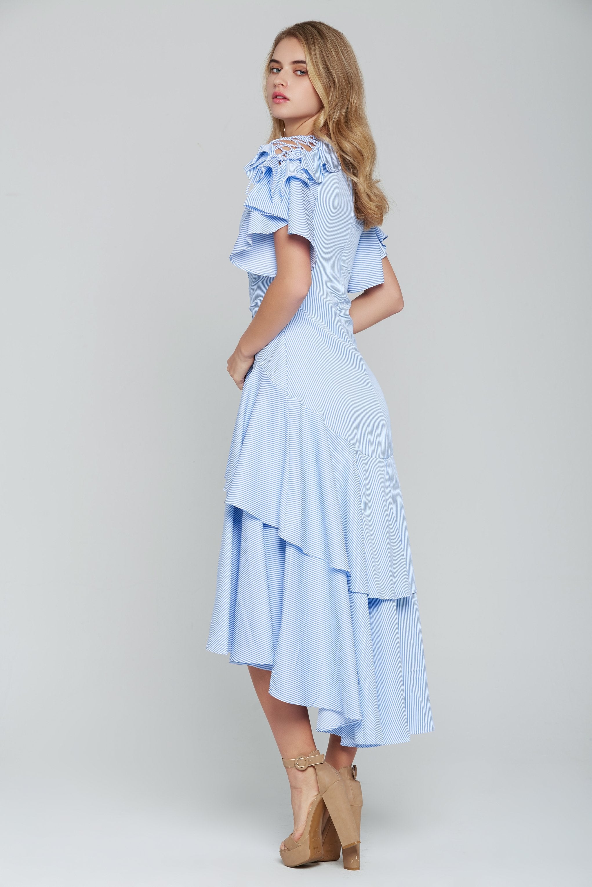 Powder Blue Asymmetrical Ruffled Midi Dress - ownthelooks-Development Powder Blue Asymmetrical Ruffled Midi Dress - ownthelooks-Development