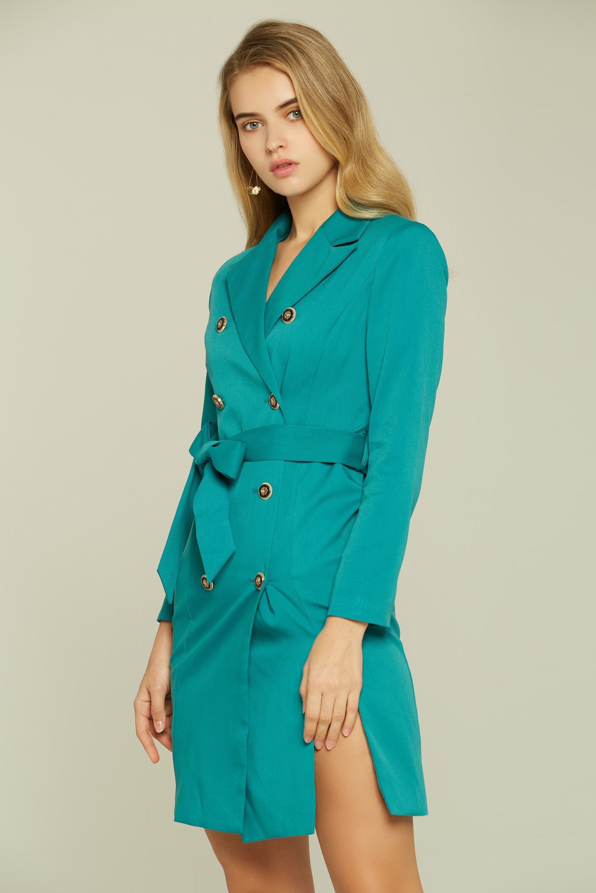 Teal Double Breasted Button-up Blazer Dress - ownthelooks-Development Teal Double Breasted Button-up Blazer Dress - ownthelooks-Development