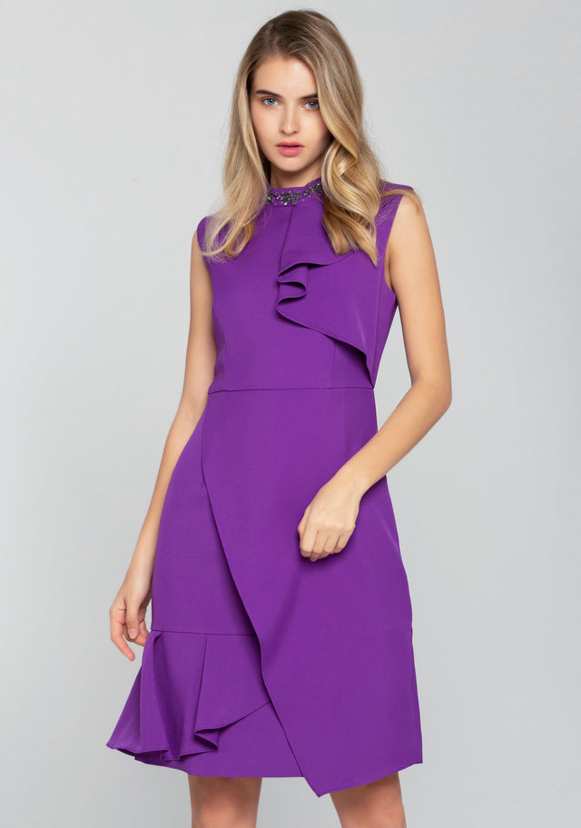 Purple Asymmetrical Ruffles Sleeveless Midi Dress - ownthelooks-Development