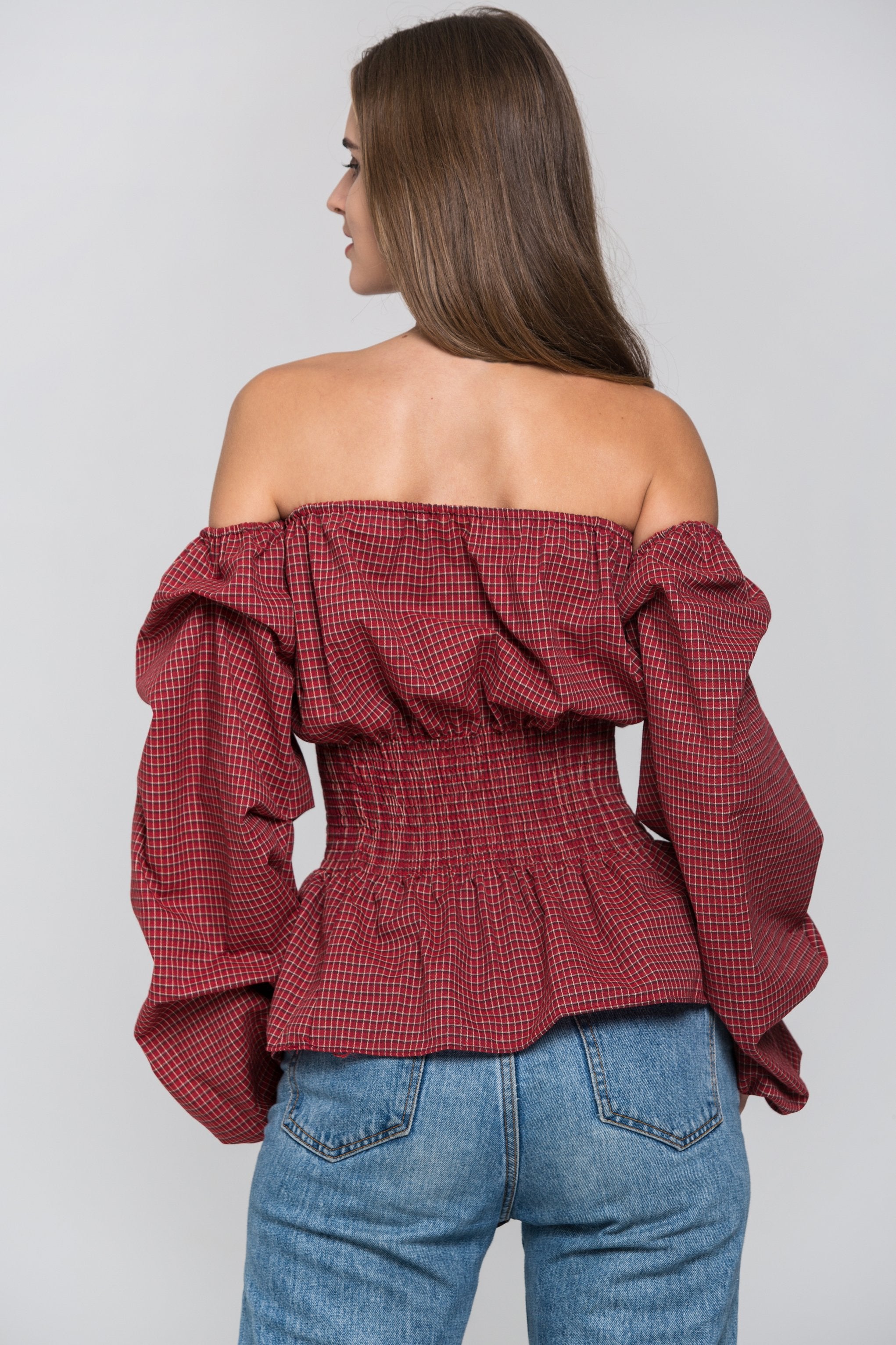 Red Check Smocked Waist Off The Shoulder Top - ownthelooks-Development Red Check Smocked Waist Off The Shoulder Top - ownthelooks-Development