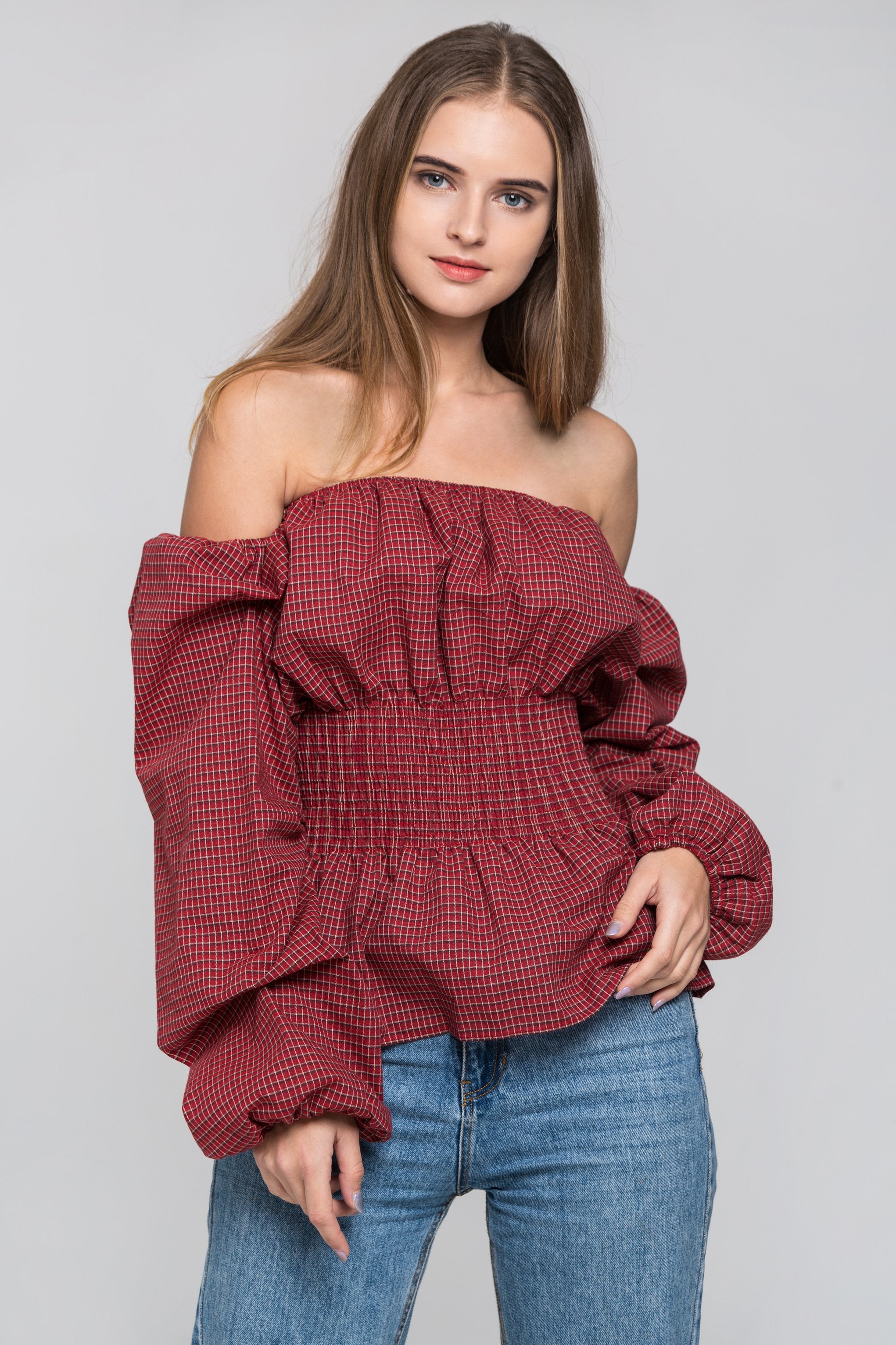 Red Check Smocked Waist Off The Shoulder Top - ownthelooks-Development Red Check Smocked Waist Off The Shoulder Top - ownthelooks-Development