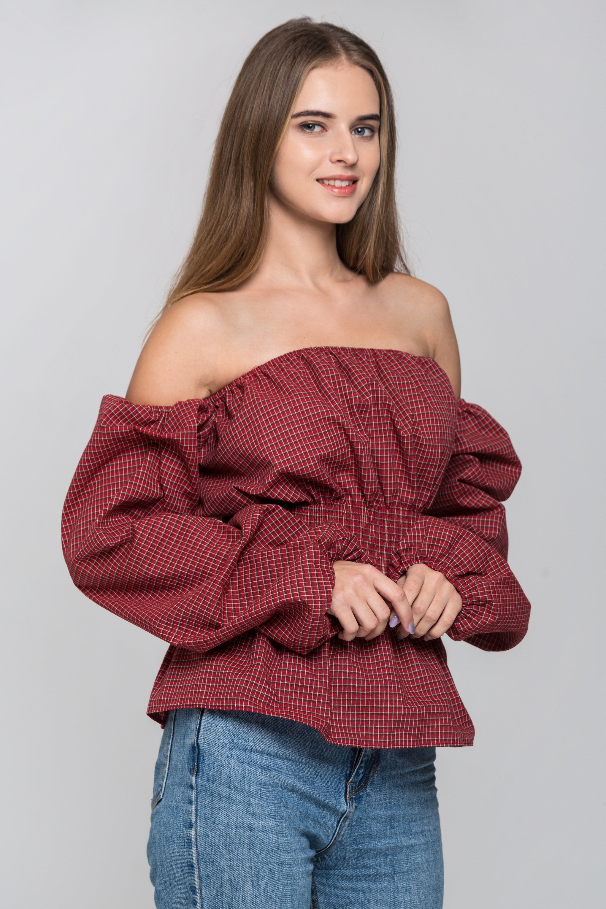 Red Check Smocked Waist Off The Shoulder Top - ownthelooks-Development Red Check Smocked Waist Off The Shoulder Top - ownthelooks-Development