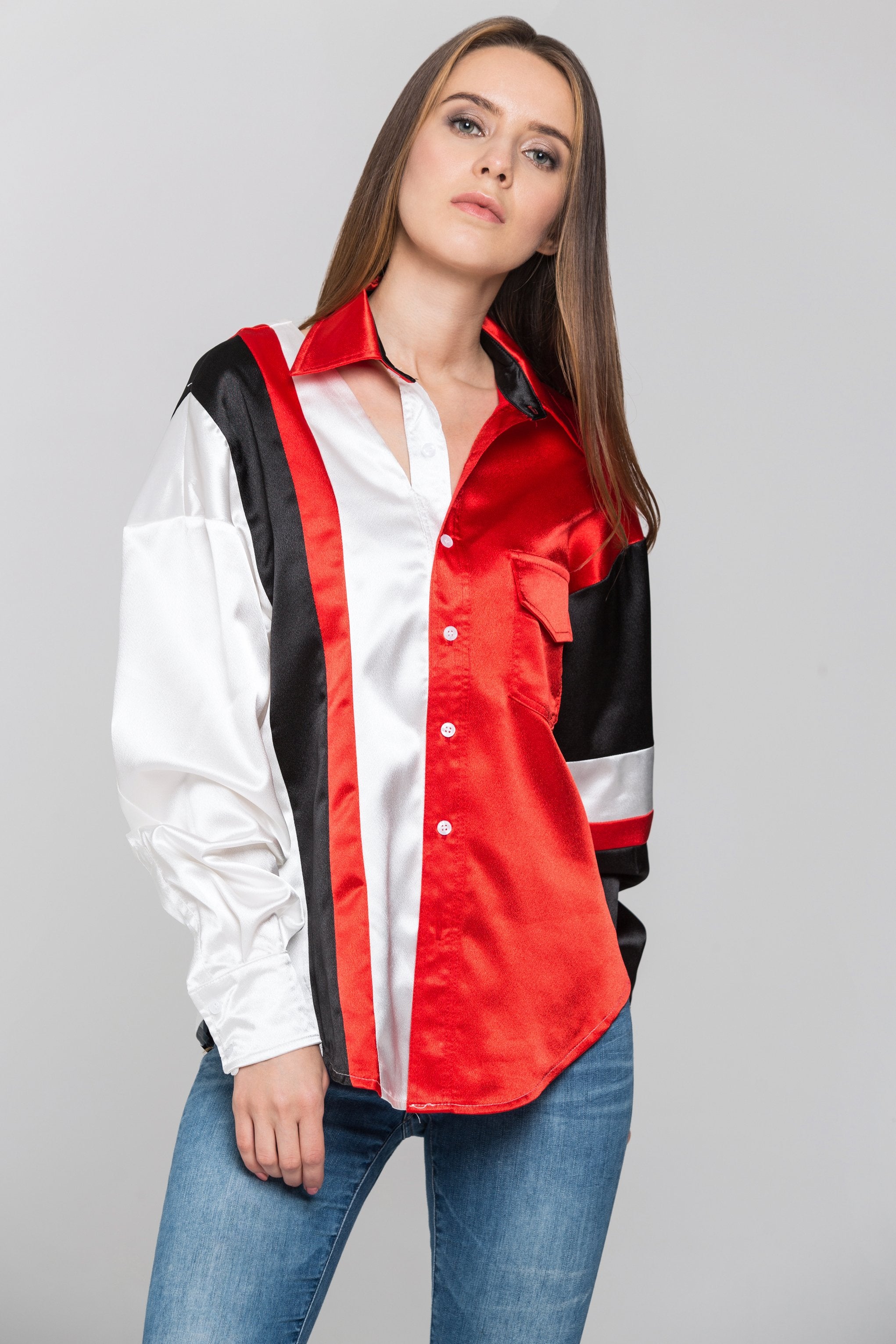 Red White and Black Asymmetric Button Up Top - ownthelooks-Development Red White and Black Asymmetric Button Up Top - ownthelooks-Development